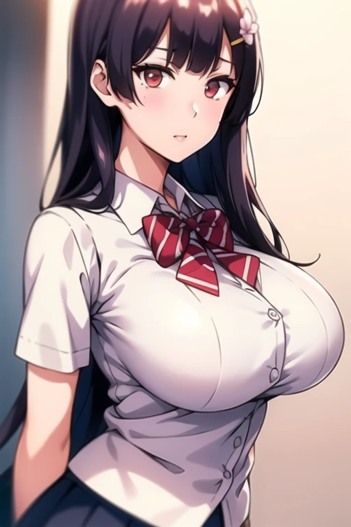 Simple white background,
School_,red bow tie,White shirt,Blue sweater vest,pleated_skirt,
flower hair clip, hair flower, hair ornament,
Red Eye,Bangs, Black_hair, long_hair,
1 girl, 20 years,young women,fair Finger,fair long legs,fair body,
fair Nose,fair character design, perfect Eye, perfect Face,expressive Eye,perfect balance,
looking at the audience,(Focus on her Face),Keep your mouth shut, (Innocent_big deal_Eye:1.0),(Light_Smile:0.3),
official art,Extremely detailed CG unified 8k wallpaper, perfect lighting,rich and colorful, bright_front_Face_Lighting,White skin,
(masterpiece:1.0),(the best_quality:1.0), 超high resolution,4K,Super detailed,
photography, 8K, high dynamic range, high resolution, Ridiculous:1.2, Kodak Portrait 400, film grain, blurred background, Bokeh:1.2, 镜头Light晕, (energetic_color:1.2),Professional photos,
(fair,big deal_breast:1.4), (fair_Face:1.5),(narrow_waist),