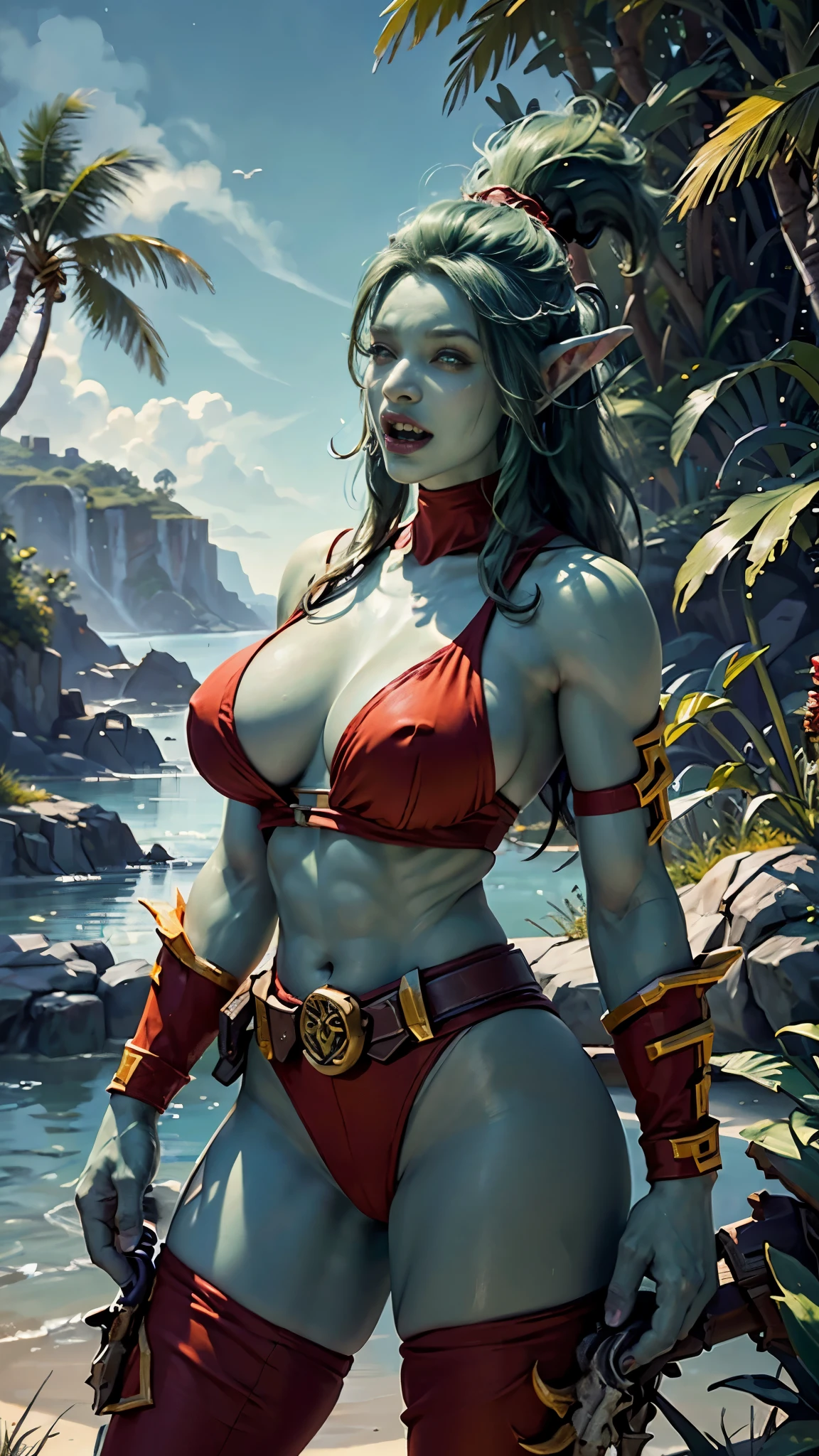 1 girl, Beautiful muscular troll girl from Warcraft, Fangs out, huge tusks protrude from the mouth, green skin, screams, Painted face, large naked breasts, standing nipples, bandages, shoulder pads, blue mohawk, pubic hair, belt with skull, glowing red eyes, sea shore, palm trees, night, grass, volumetric lighting, Best quality, masterpiece, surrealism, ultrarealism, Hipperrealism