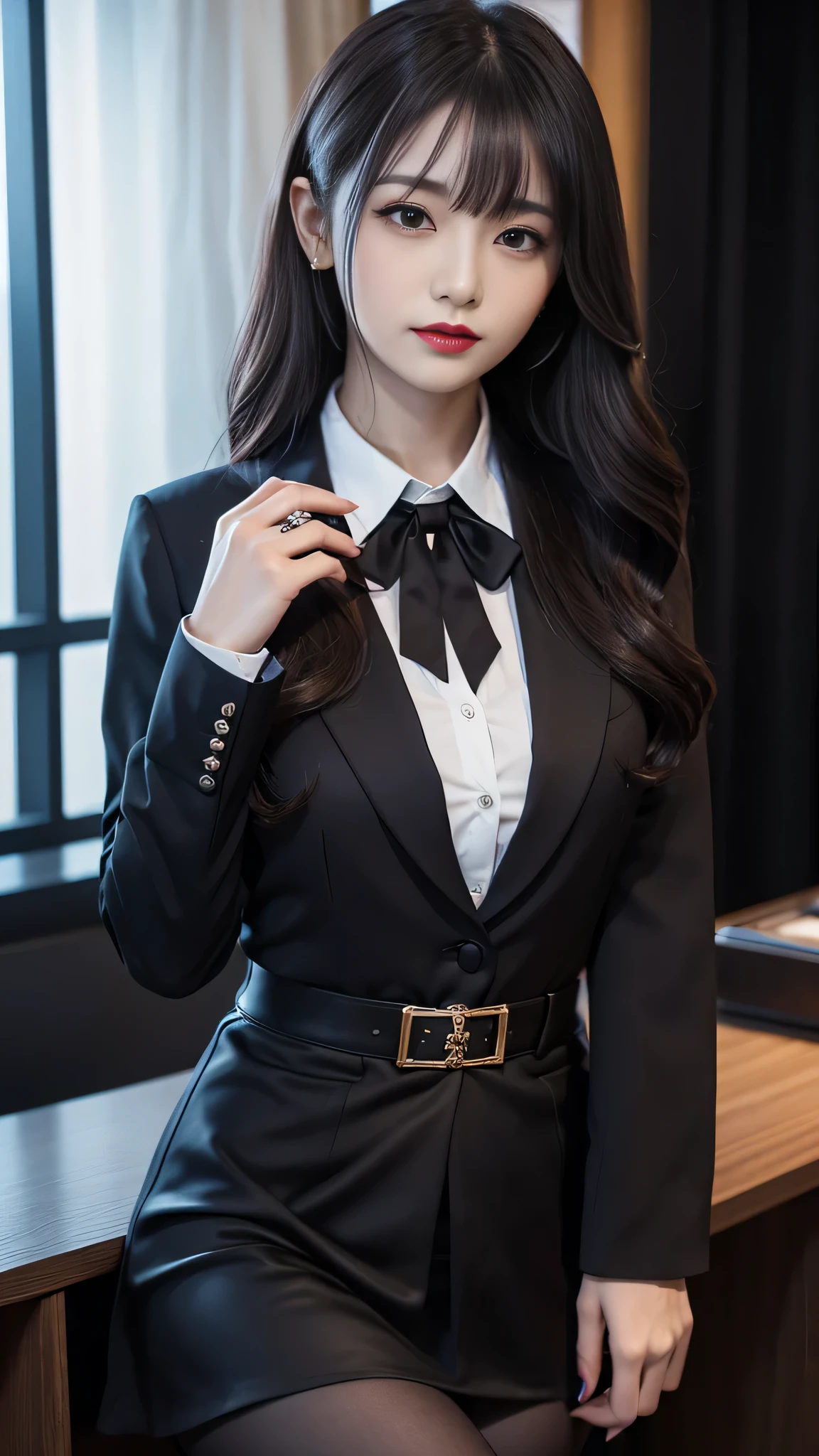 tra-detailed、Japanese、attractive beauty、seductive adult woman、pretty woman、piercing eyes、cool girl、wavy hair、swept bangs、suit、Jacket、blouse、ribbon、Tight Skirt、pantyhose、beautiful feet、Evil cadres、evil depravity、brainwash、mind control、lipstick、lip gloss、dark makeup、smirk、Evil expression、evil、hollow eyes,half-closed eyes、empty eyes、evil、night room、dark room、vampire、succubus、vampire、Swear allegiance、stand、