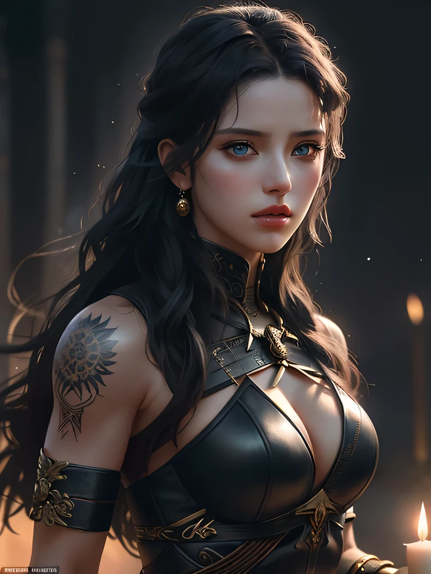 Generate a 4K, high-resolution masterpiece using physically-based rendering techniques to depict Kassandra, a formidable and lethal assassin, in an ultra-detailed and realistic style. She stands in a dynamic pose, exuding confidence and danger, with vivid colors and sharp focus bringing out every intricate detail of her appearance. The studio lighting enhances her features, casting dramatic shadows and highlights, while HDR rendering adds depth and realism to the scene. Behind her, a shadowy setting with swirling mist adds a mysterious ambiance, illuminated by soft candlelight and the golden hour glow of a distant moonlit night sky filled with stars.
Kassandra's piercing atlantic blue eyes, framed by long eyelashes and ruby red lips, captivate the viewer with their mesmerizing gaze. Her olive skin is adorned with bruises, battle scars, and intricate tattoos, showcasing her history of combat and her connection to ancient Greek mythology. Her fit physique and toned muscles are emphasized by her provocative attire, a mixture of leather armor and sensual clothing that exposes strategic areas of skin.
In her hands, Kassandra wields dual-wielded daggers with deadly precision, ready to strike at a moment's notice. Her expression is intense and seductive, embodying both power and allure. With a chiseled jawline, prominent cheekbones, and a sculpted face, she exudes a mythical beauty that is both unforgettable and empowering.
This image captures Kassandra's unstoppable force and unpredictable nature, as well as her role as a legendary figure and empowered heroine in the world of ancient Greece and mythology.
