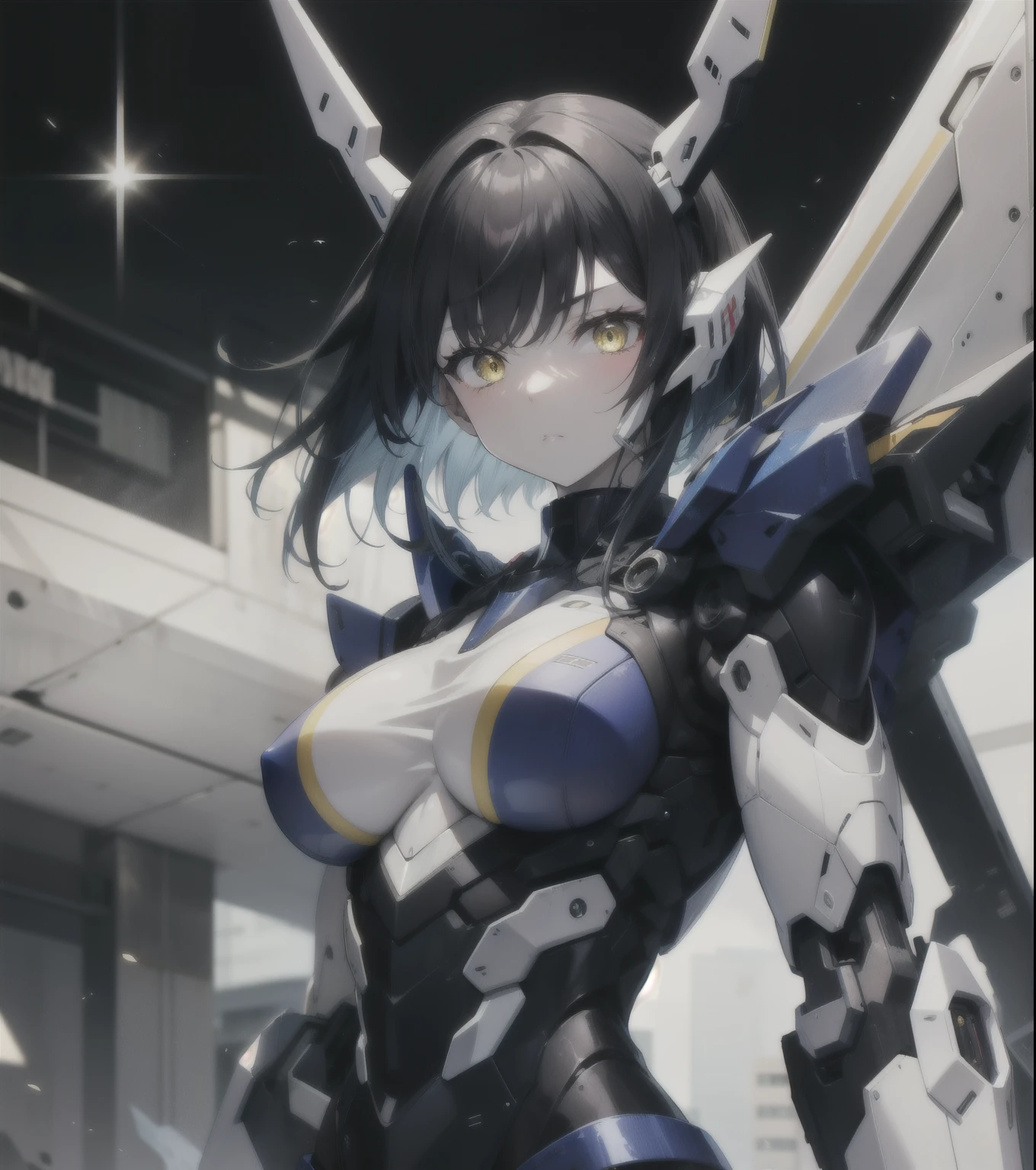 muscular girl large breasts black hair yellow eyes pale skin sad mecha musume