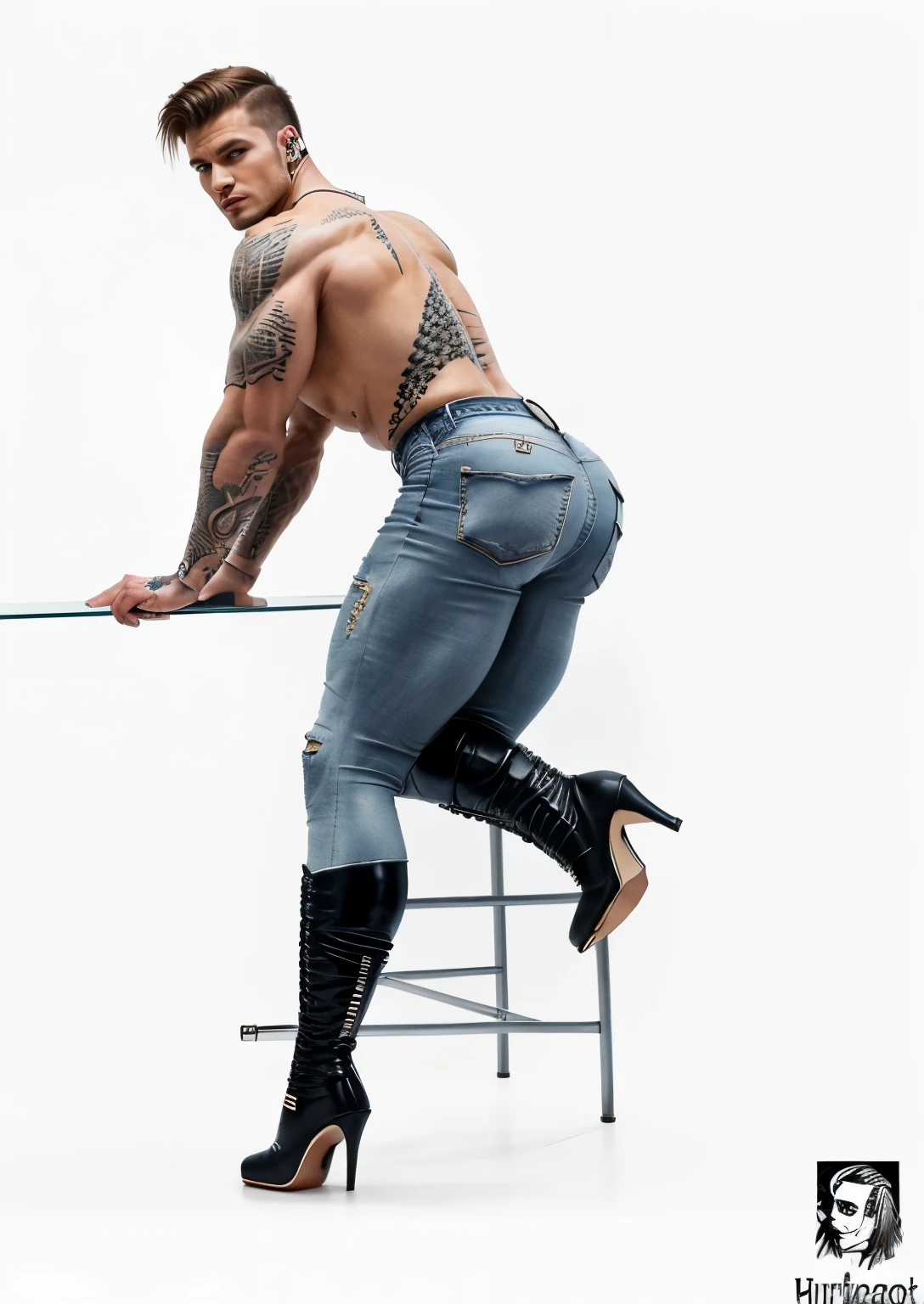 muscular hunk man with very short hair, tattoos, wearing a bra, tight jeans, leg high highheels boots, earrings and makeup