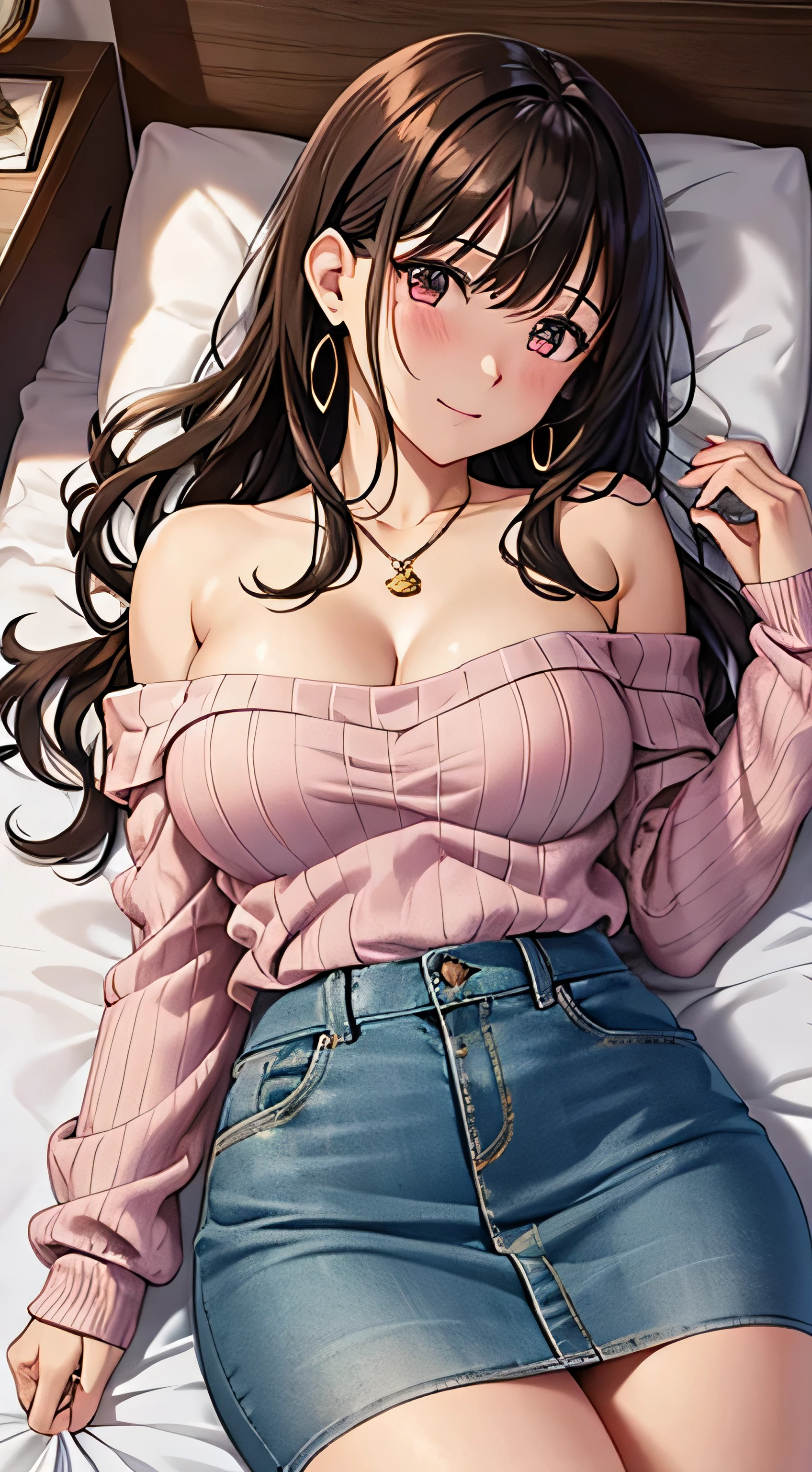 (table top, highest quality, High resolution, , perfect pixel, 4k,), 1 girl, single, alone, Beautiful woman、I could see the whole body、 ((wavy middle hair, bangs, brown hair)), ((brown eyes, beautiful eyelashes, realistic eyes)), ((detailed face, blush:1.2)), ((smooth texture:0.75, realistic texture:0.65, realistic:1.1, Anime CG style)), medium , dynamic angle, perfect body, ((, beige off shoulder sweater、Tight denim skirt、black stockings、cute necklace、earrings、)), upper grade、shy smile、Luxury hotel room、sleep on your back in bed、((open legs))、angle from below、Put your arms together to accentuate your cleavagk lace panties are vis