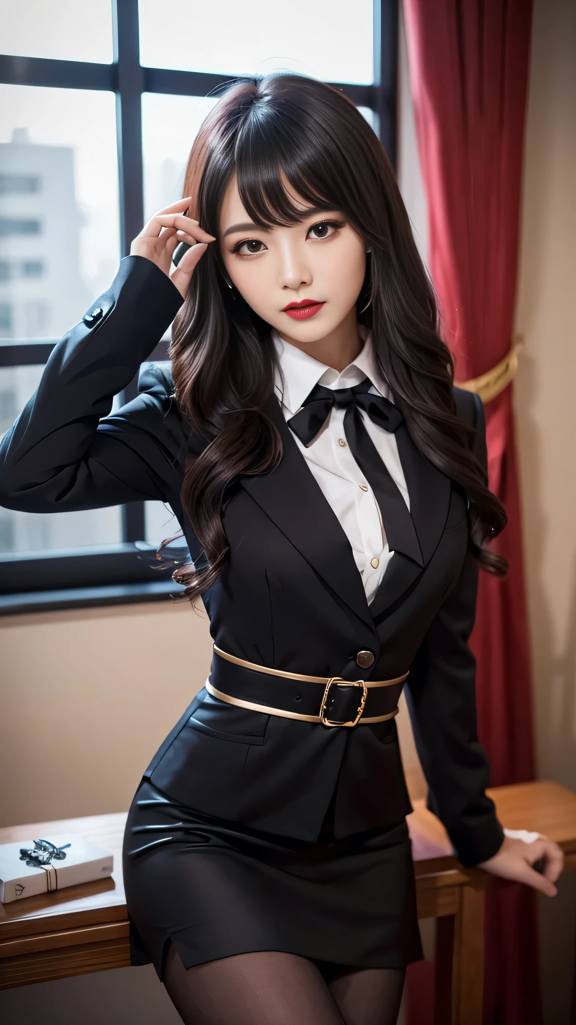 tra-detailed、Japanese、attractive beauty、seductive adult woman、pretty woman、piercing eyes、cool girl、wavy hair、swept bangs、suit、Jacket、blouse、ribbon、Tight Skirt、pantyhose、beautiful feet、Evil cadres、evil depravity、brainwash、mind control、lipstick、lip gloss、dark makeup、smirk、Evil expression、evil、hollow eyes,half-closed eyes、empty eyes、evil、night room、dark room、vampire、succubus、vampire、Swear allegiance、stand、