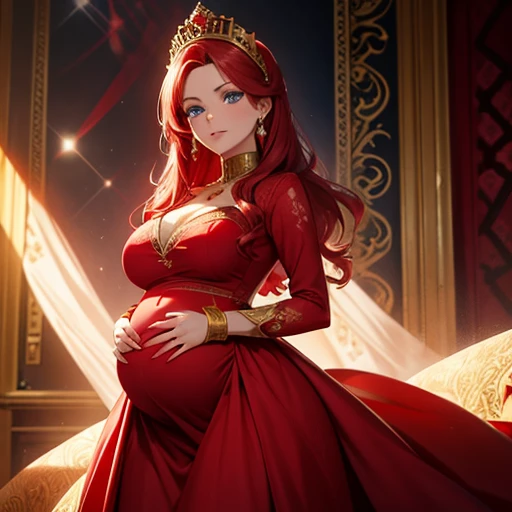 Beautiful pregnant queen, red hair, red dress with gold details, blue eyes 