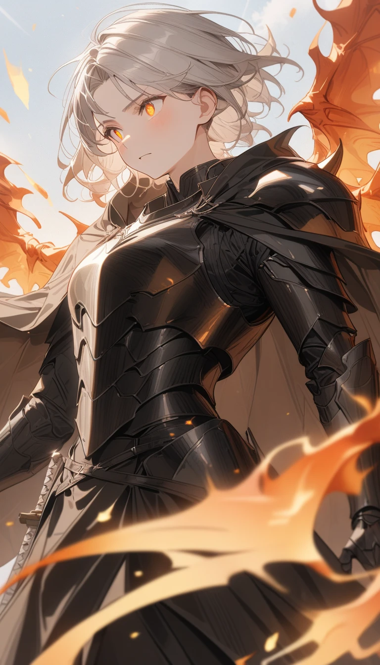 ((super detailed illustrations, 8K, masterpiece :1.2, sharp focus :1.2, Depth of the bounds written:1.2)), , BREAK,(Shining eyes、detailed美しい顔)、beautiful anime、beautiful swordsman, disorganized, 非常にdetailed顔と肌の質感, silver hair, jet black armor, Flame Armor, cloak wrapped in flames, sword wrapped in flames, wings of flame, Determination to overcome sadness, Traces of determination in gentle eyes , strong soul、, BREAK,(highest quality、masterpiece、High resolution、detailed), BREAK,dynamic angle