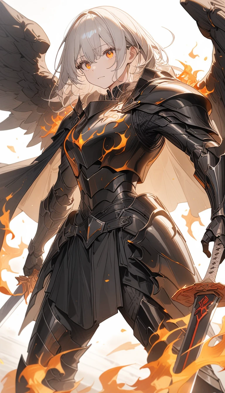 ((super detailed illustrations, 8K, masterpiece :1.2, sharp focus :1.2, Depth of the bounds written:1.2)), , BREAK,(Shining eyes、detailed美しい顔)、beautiful anime、beautiful swordsman, disorganized, 非常にdetailed顔と肌の質感, silver hair, jet black armor, Flame Armor, cloak wrapped in flames, sword wrapped in flames, wings of flame, Determination to overcome sadness, Traces of determination in gentle eyes , strong soul、, BREAK,(highest quality、masterpiece、High resolution、detailed), BREAK,dynamic angle