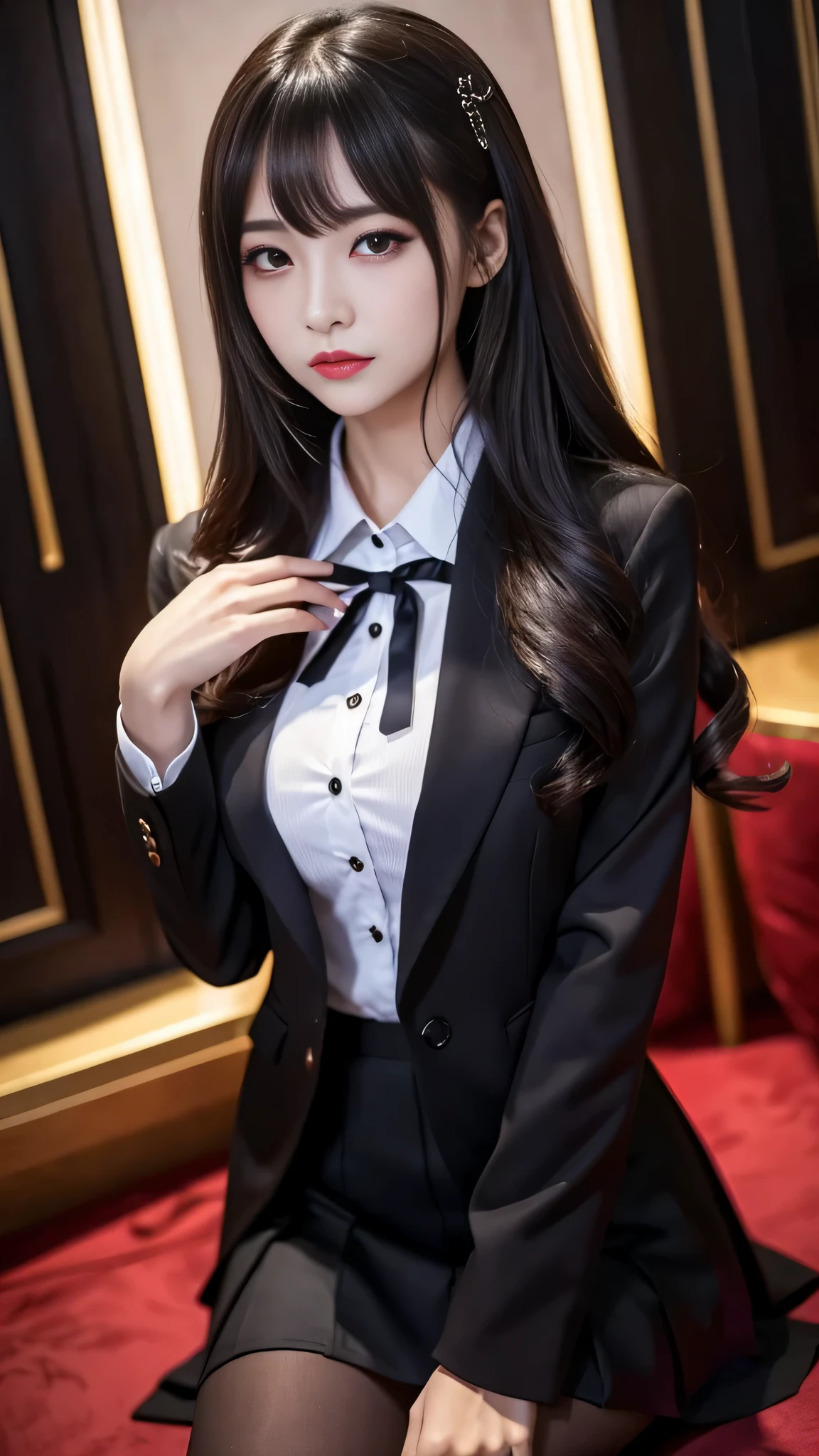 tra-detailed、Japanese、attractive beauty、seductive adult woman、pretty woman、piercing eyes、cool girl、wavy hair、swept bangs、suit、Jacket、blouse、ribbon、Tight Skirt、pantyhose、beautiful feet、Evil cadres、evil depravity、brainwash、mind control、lipstick、lip gloss、dark makeup、smirk、Evil expression、evil、hollow eyes,half-closed eyes、empty eyes、evil、night room、dark room、vampire、succubus、vampire、Swear allegiance、stand、