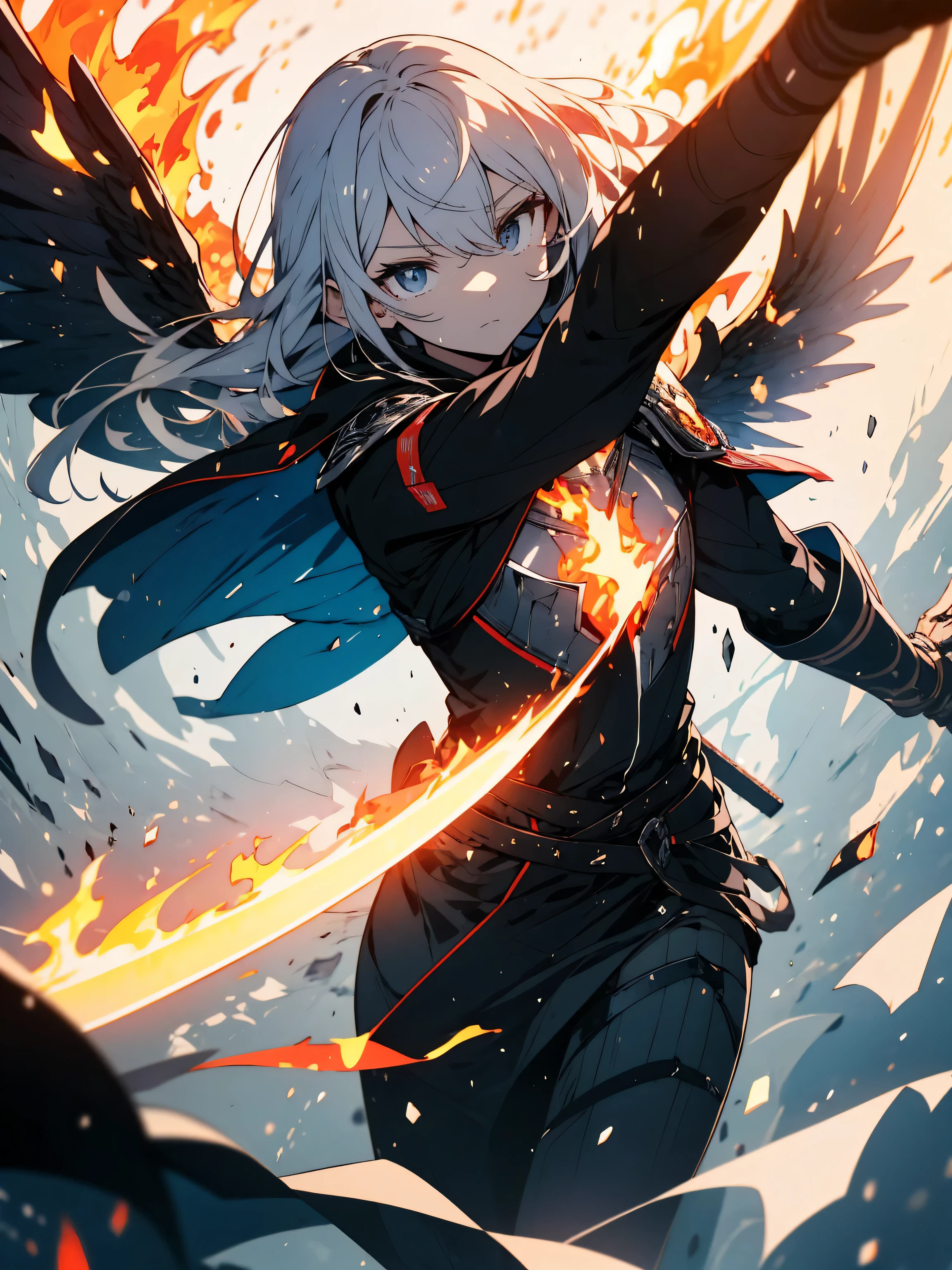 ((super detailed illustrations, 8K, masterpiece :1.2, sharp focus :1.2, Depth of the bounds written:1.2)),(Shining eyes、detailed beautiful face) beautiful anime, BREAK,beautiful swordsman, disorganized, Highly detailed face and skin texture, silver hair, jet black armor, Flame Armor, cloak wrapped in flames, sword wrapped in flames, wings of flame, Determination to overcome sadness, Traces of determination in gentle eyes , strong soul、(highest quality、masterpiece、High resolution、detailed), BREAK,