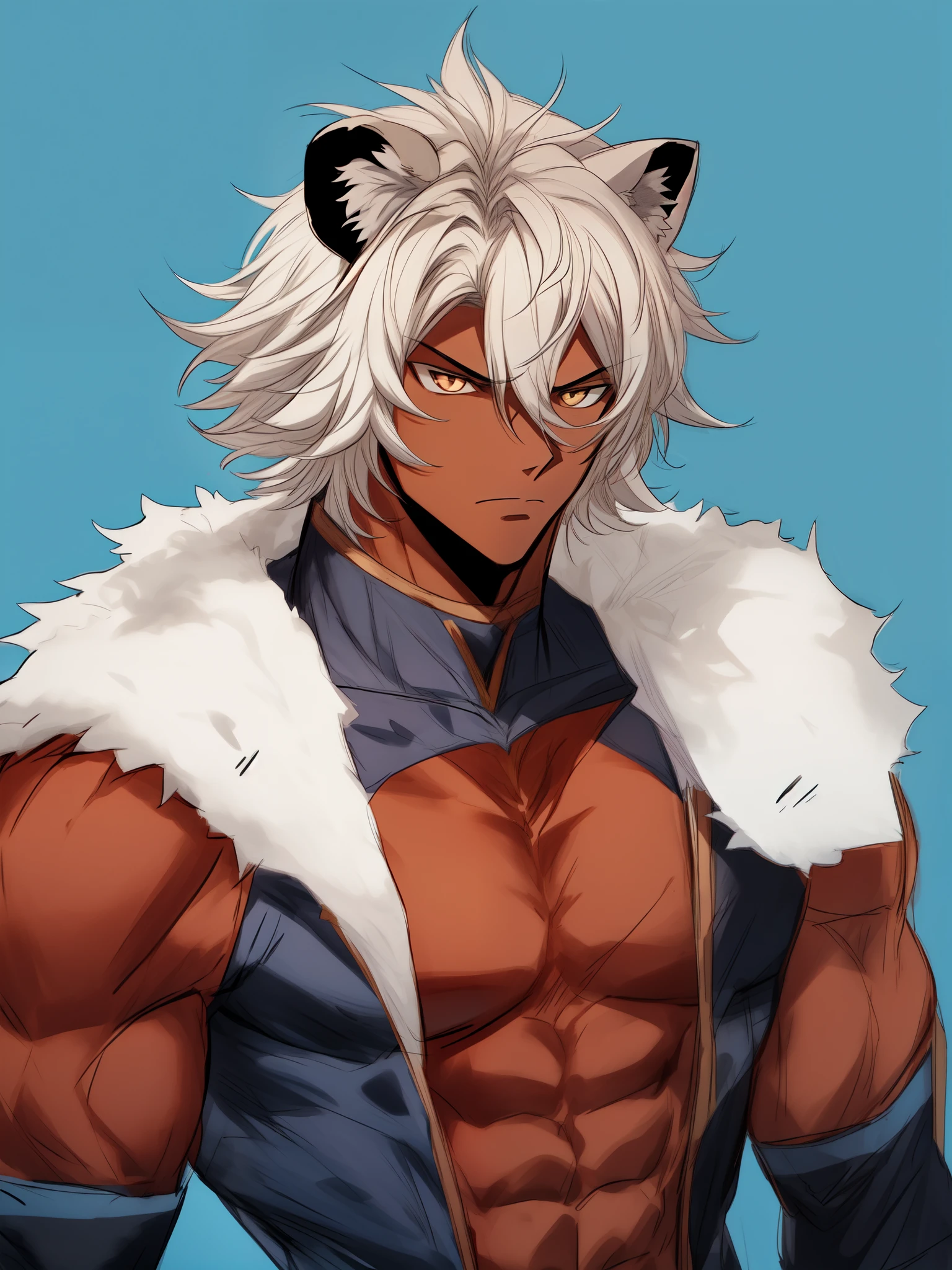 ((lion ears)), ((fur trim clothing)), ((animal print)), ((dark skin)), ((serious expression)), ((king of beasts)), ((muscular)), ((muscles)), ((muscular build)), (((complementary colors))), ((mature male)), 1boy, beautifully drawn, high resolution illustration, best quality, High definition, ((detailed anime sketch)), Masterpiece, (solo), absurdres, portrait, ((upper body)), ((wild hair)), detailed background, fine detail, male focus, HDR, ((short hair))