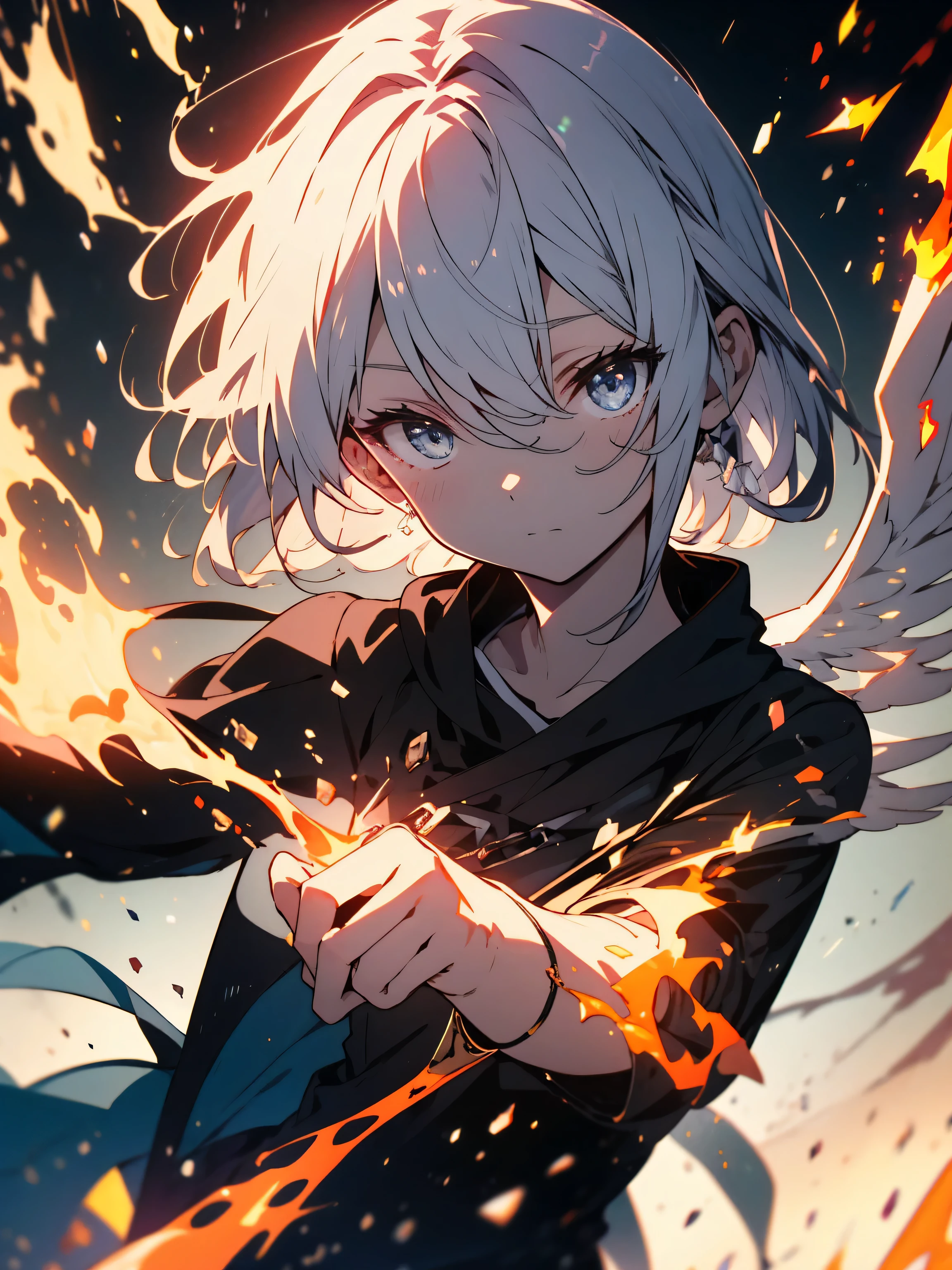 ((super detailed illustrations, 8K, masterpiece :1.2, sharp focus :1.2, Depth of the bounds written:1.2)),(Shining eyes、detailed beautiful face) beautiful anime, BREAK,beautiful swordsman, disorganized, Highly detailed face and skin texture, silver hair, jet black armor, Flame Armor, cloak wrapped in flames, sword wrapped in flames, wings of flame, Determination to overcome sadness, Traces of determination in gentle eyes , strong soul、(highest quality、masterpiece、High resolution、detailed), BREAK,