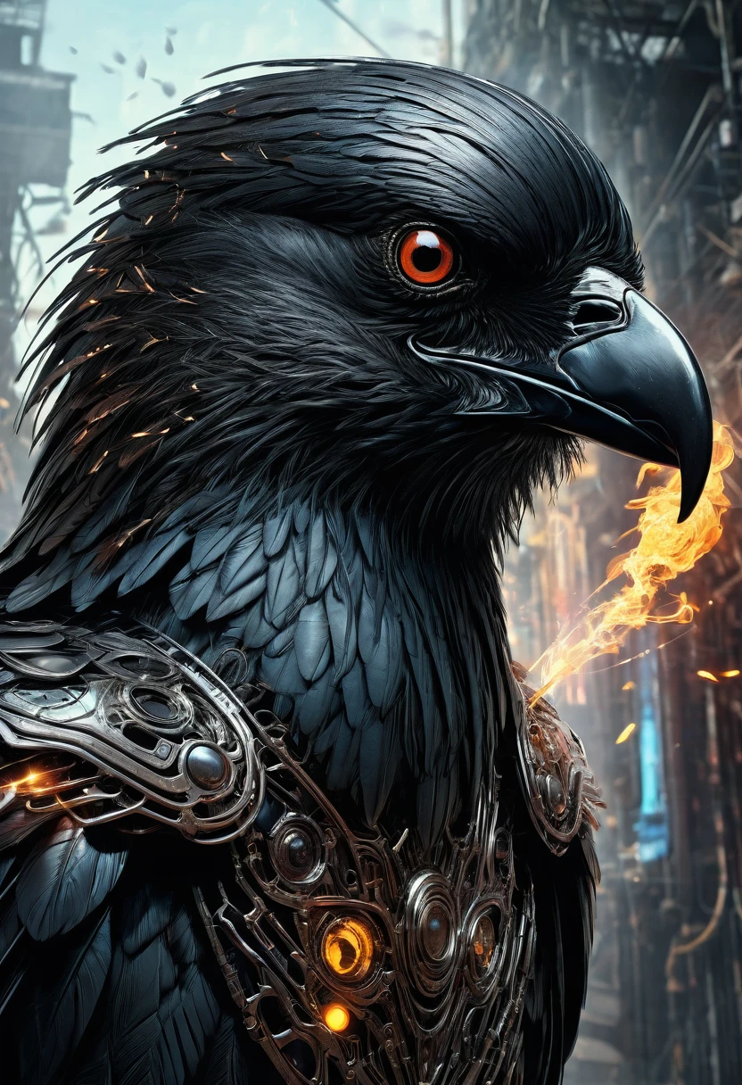 A masterful artistic digital rendering of a sinister cybernetic crow made from sparks and fire by Simon Prades, h.r giger, russ mills, Shaun Ryken, celestial, UHD, 8k resolution, fantasy editorial art, complex and hyperdetailed, beautiful composition, a modern surrealistic masterpiece by Dan Mumford