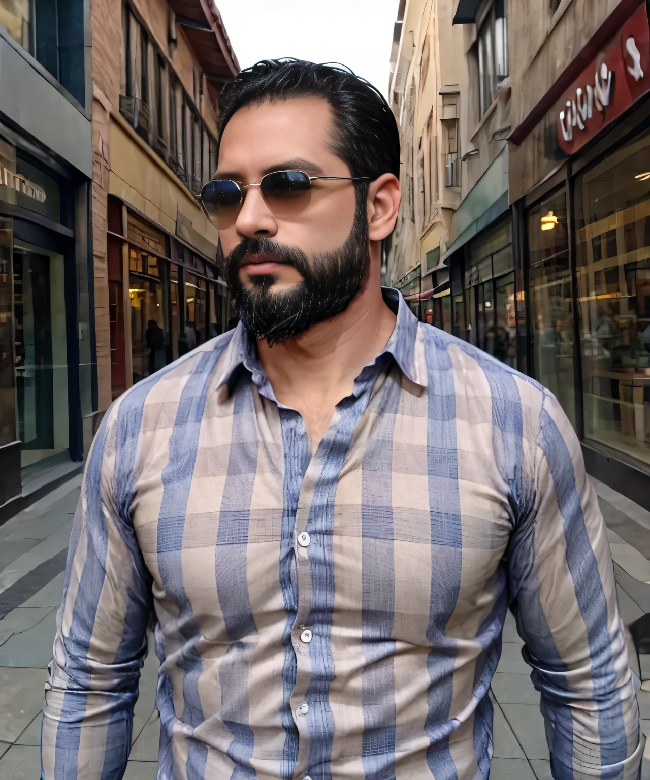 Parte superior del cuerpo, 38 year old man with beard and sunglasses. Hombre vistiendo ropa formal con camisa de cuadros, en un centro comercial.