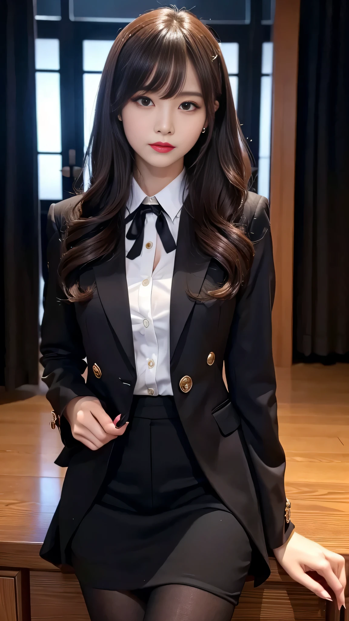 tra-detailed、Japanese、attractive beauty、seductive adult woman、pretty woman、piercing eyes、cool girl、wavy hair、swept bangs、suit、Jacket、blouse、ribbon、Tight Skirt、pantyhose、beautiful feet、Evil cadres、evil depravity、brainwash、mind control、lipstick、lip gloss、dark makeup、smirk、Evil expression、evil、hollow eyes,half-closed eyes、empty eyes、evil、night room、dark room、vampire、succubus、vampire、Swear allegiance、stand、