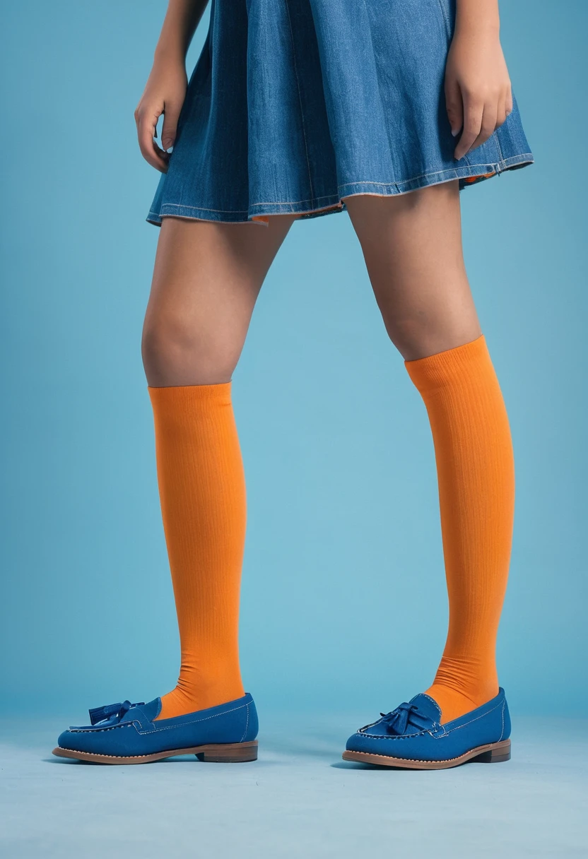 fullbody, (best quality,4k,8k,highres,masterpiece:1.2),((plain background blue orange)), 85mm, (analog, cinematic, film grain:1.3),(looking at viewer),14 year old girls. mini falda ajustada azul y corta, ombligo al aire, top escotado naranja, zapatos azules, medias amarillas