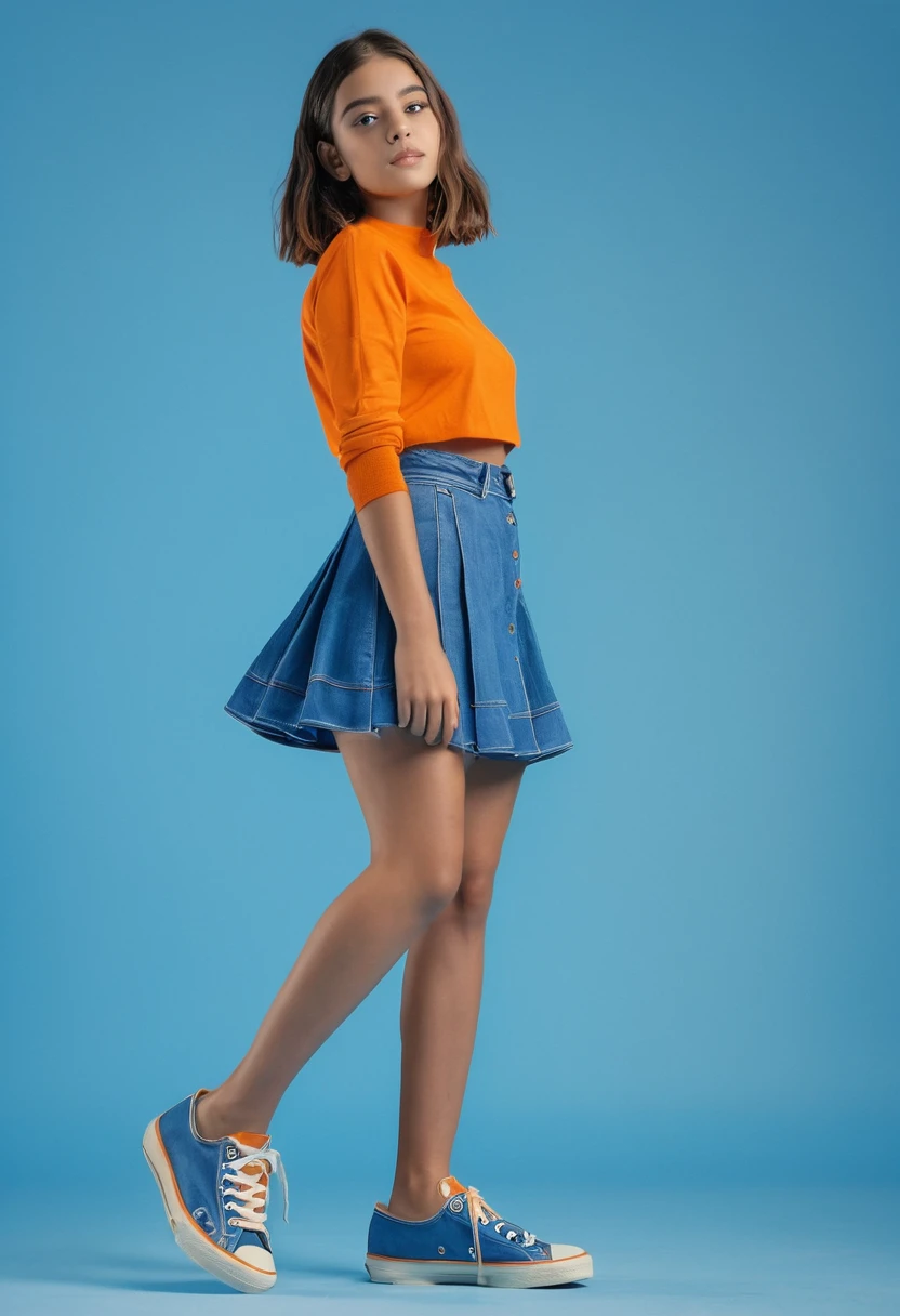 fullbody, (best quality,4k,8k,highres,masterpiece:1.2),((plain background blue orange)), 85mm, (analog, cinematic, film grain:1.3),(looking at viewer),14 year old girls. mini falda ajustada azul y corta, ombligo al aire, top escotado naranja, zapatos azules, medias amarillas