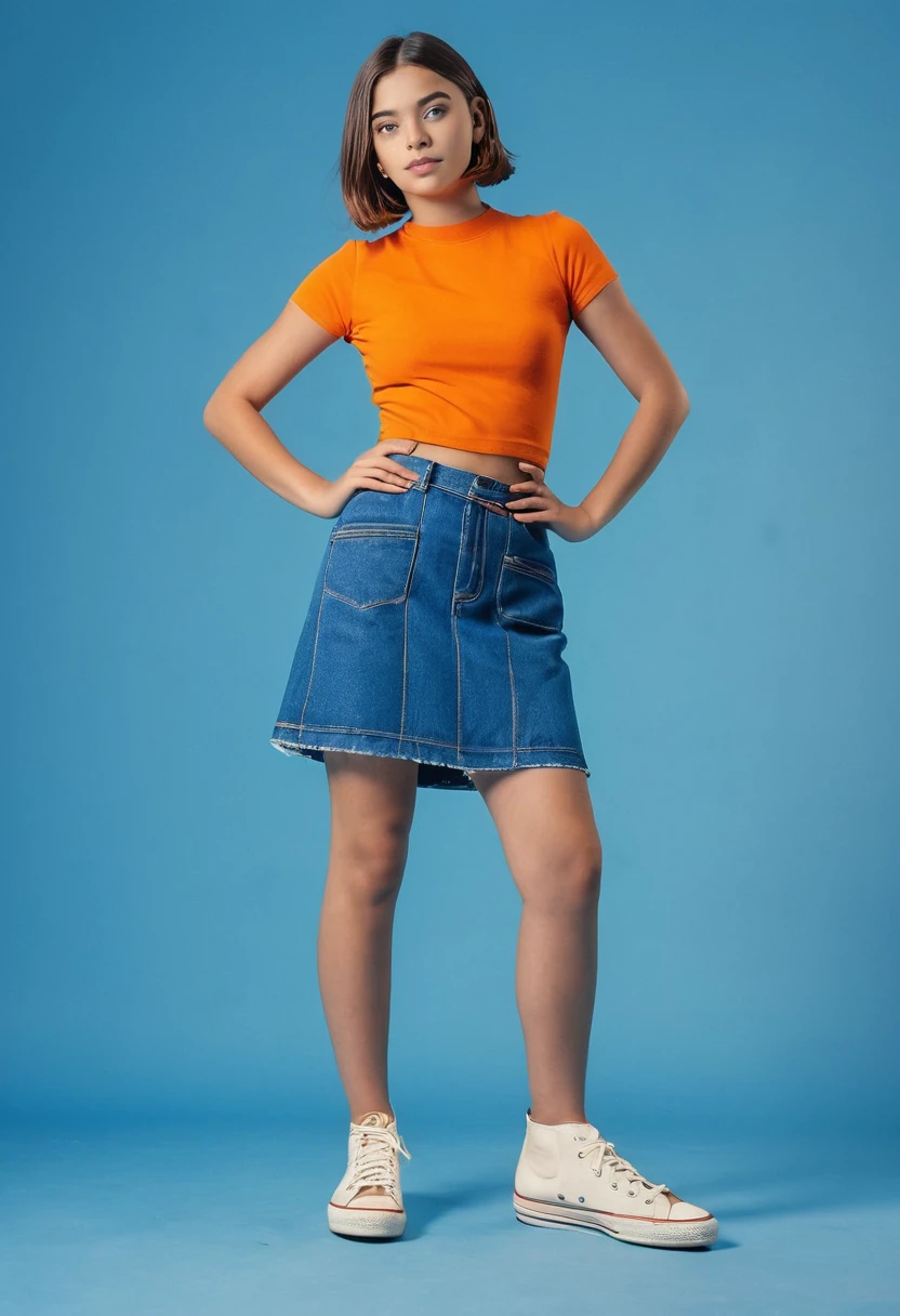 fullbody, (best quality,4k,8k,highres,masterpiece:1.2),((plain background blue orange)), 85mm, (analog, cinematic, film grain:1.3),(looking at viewer), girls. mini falda ajustada azul y corta, ombligo al aire, top escotado naranja, zapatos azules, medias amarillas