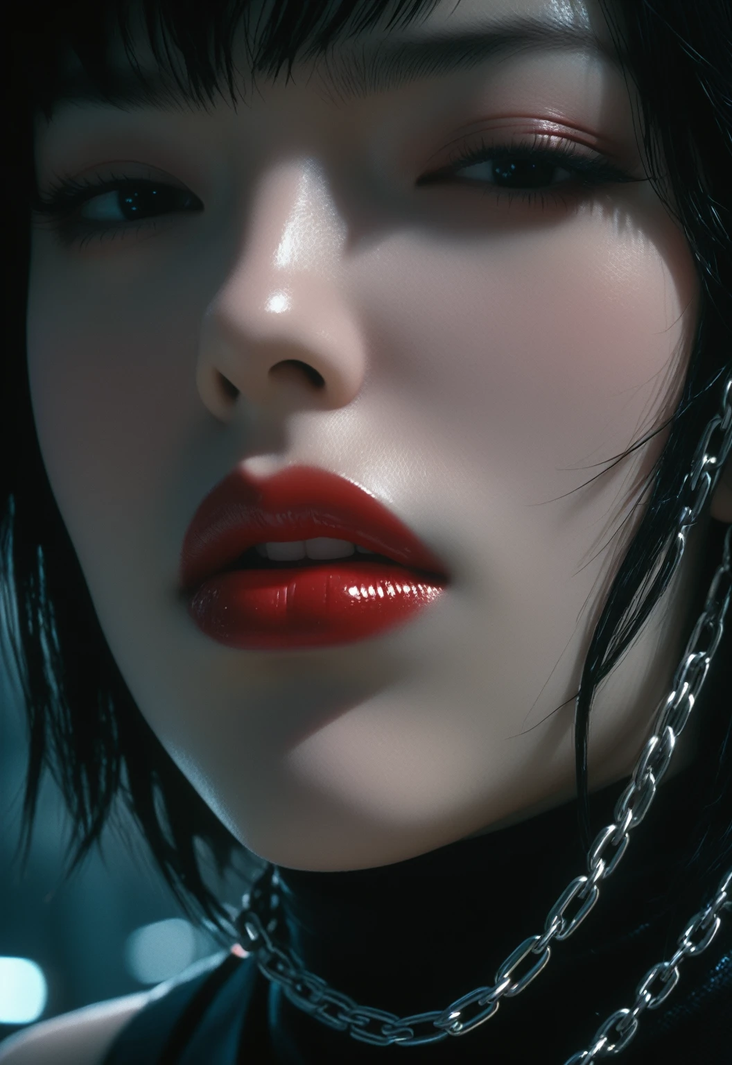 https://s.mj.run/ahq7YcvDHQc https://s.mj.run/gGJI9e6ajfU scene from (akira) [cute thick lips vampire macro shot, chrome chains all over ]. the image is illustrated in 1990s or 1980s anime style and captures that time's anime style well, like akira or ghost in the shell. the overall atmosphere of the image is gothic, melancholic and dark, with minimalistic aesthetics, high contrasted low light and dark shadows, and distorted tones