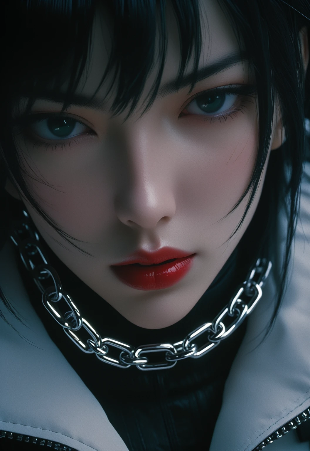 https://s.mj.run/ahq7YcvDHQc https://s.mj.run/gGJI9e6ajfU scene from (akira) [cute thick lips vampire macro shot, chrome chains all over ]. the image is illustrated in 1990s or 1980s anime style and captures that time's anime style well, like akira or ghost in the shell. the overall atmosphere of the image is gothic, melancholic and dark, with minimalistic aesthetics, high contrasted low light and dark shadows, and distorted tones