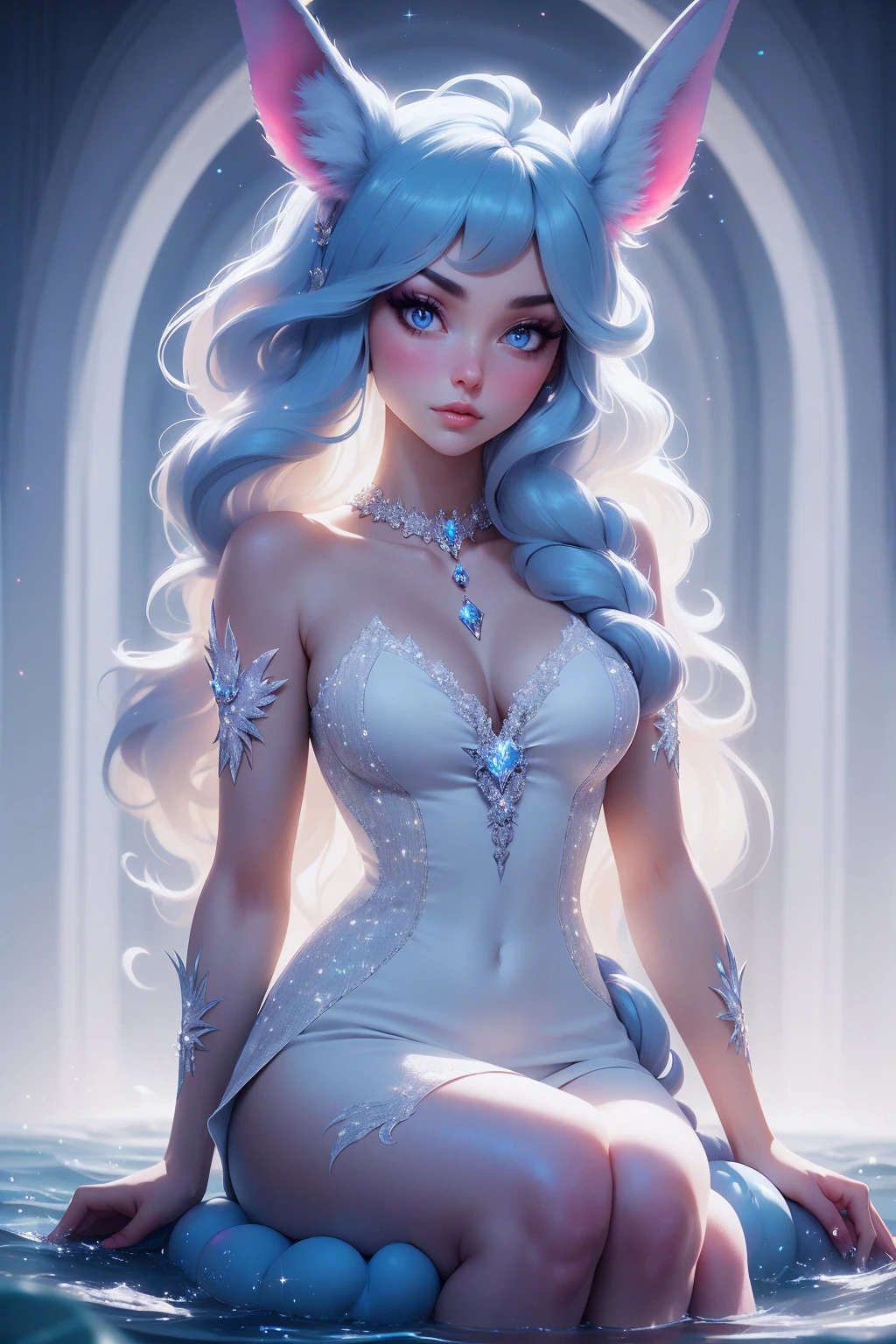 {-erro_de_anatomia:1.0} There is a white unicorn girl, blue mane and long mane, white unicorn, unicorn, unicorn horns, A unicorn, celestia, Nine stories, blue unicorn, soft dreamy, cinematic light《fangs》Unicorn in, mythological creatures, a mythical creature, Pokémon illustration, unicorns, a glaceon princess, white dress, opal eyes. Auroracore, ghostly iridescent, image good for rendering, sitting on the water. unicorn girl, full body, holding a crystal unicorn, blond hair