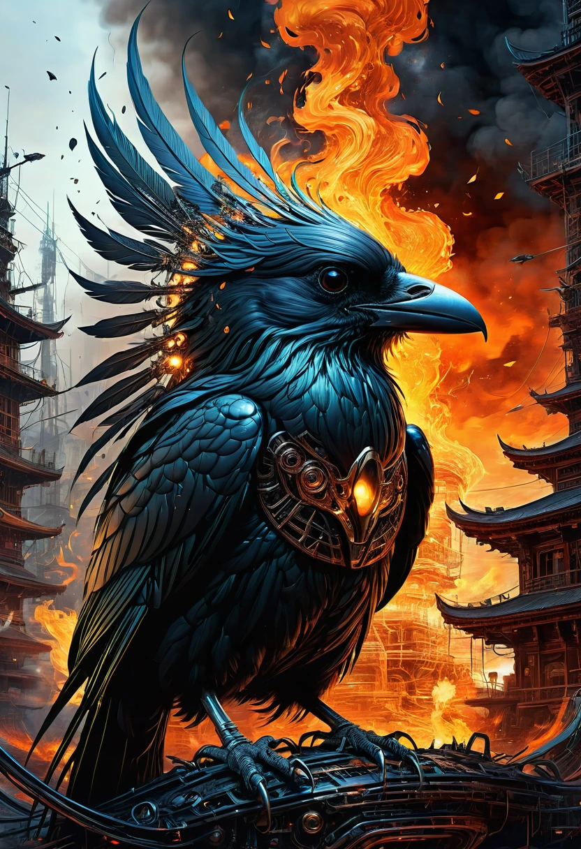 A masterful artistic digital rendering of a sinister cybernetic crow made from sparks and fire by Simon Prades, h.r giger, russ mills, Shaun Ryken, celestial, UHD, 8k resolution, fantasy editorial art, complex and hyperdetailed, beautiful composition, a modern surrealistic masterpiece by Dan Mumford