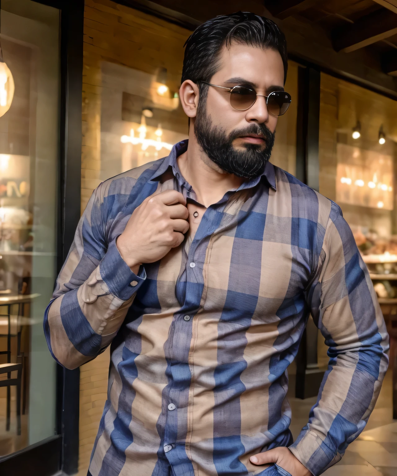 Parte superior del cuerpo, 38 year old man with beard and sunglasses. Hombre vistiendo ropa formal con camisa de cuadros, en un centro comercial.