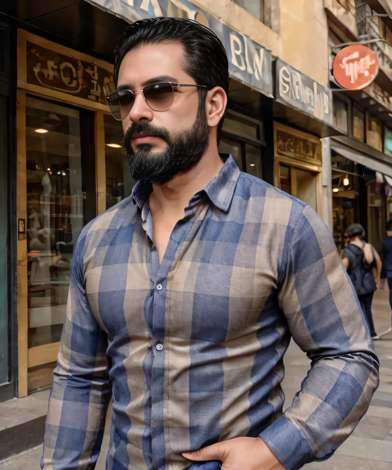 Parte superior del cuerpo, 38 year old man with beard and sunglasses. Hombre vistiendo ropa formal con camisa de cuadros, en un centro comercial.