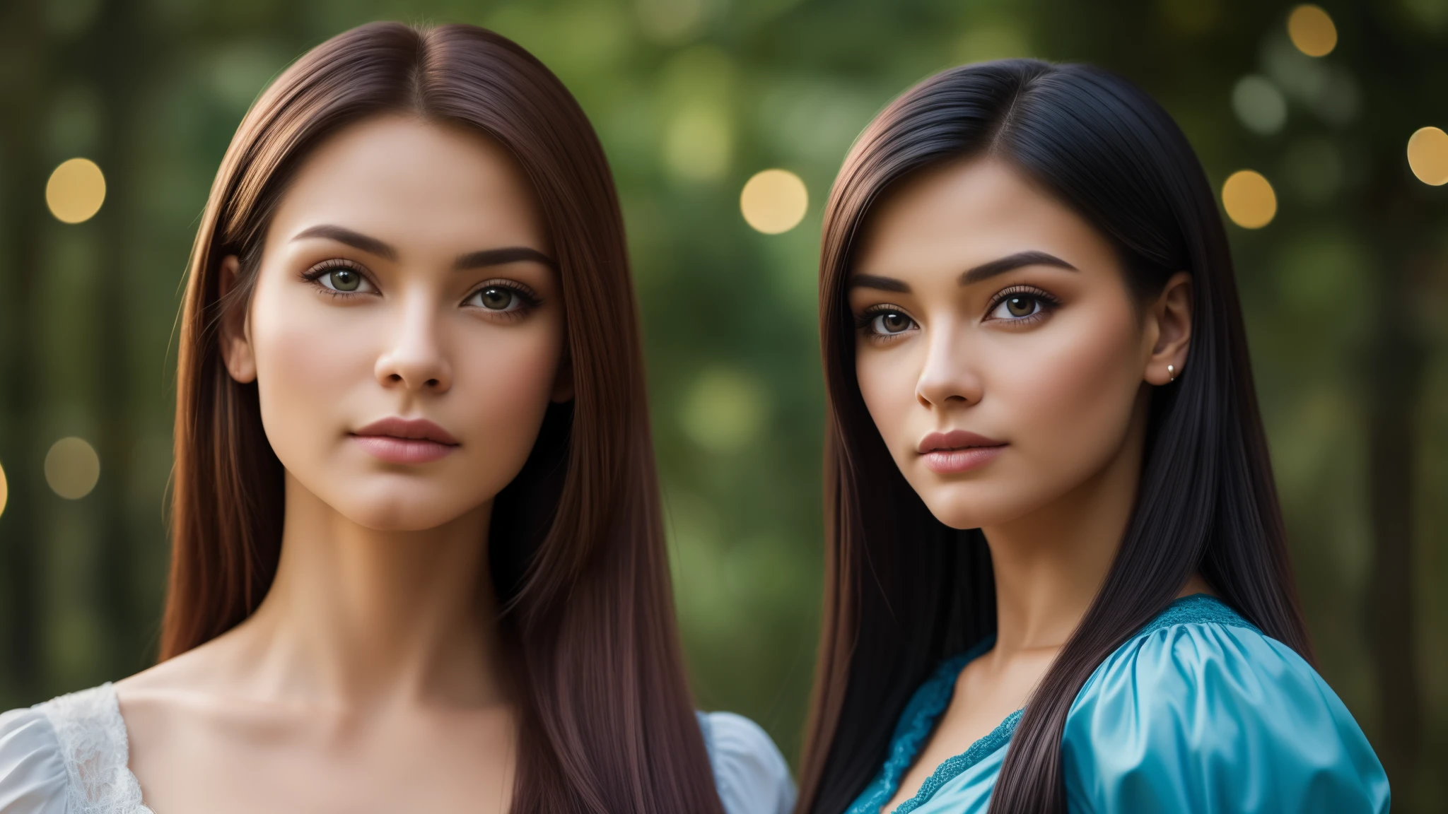 masterpiece,best qualtiy,hdr, hyper HD, 8K,Bokeh,Ultra-fine painting,Sharp focus,Physically-based rendering,Extreme detail description,full-body photo, perfect eyes, perfect hands, perfect body, perfect hair, (EOS R8, 50 millimeters, F1.2, 8K, RAW photo:1.2), photograph by arny freytag, rapunzel and pocahontas posing