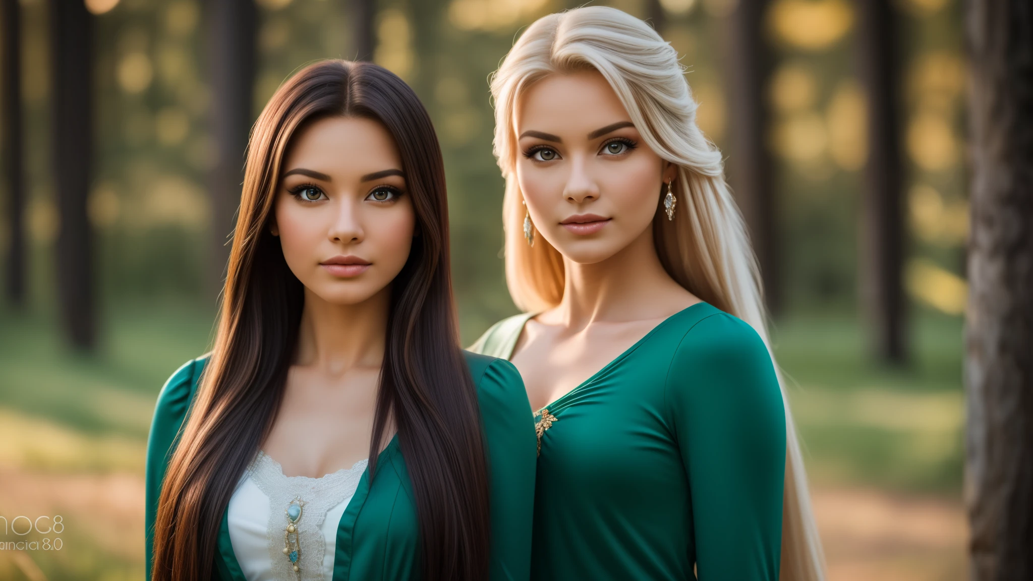 masterpiece,best qualtiy,hdr, hyper HD, 8K,Bokeh,Ultra-fine painting,Sharp focus,Physically-based rendering,Extreme detail description,full-body photo, perfect eyes, perfect hands, perfect body, perfect hair, (EOS R8, 50 millimeters, F1.2, 8K, RAW photo:1.2), photograph by arny freytag, rapunzel and pocahontas posing