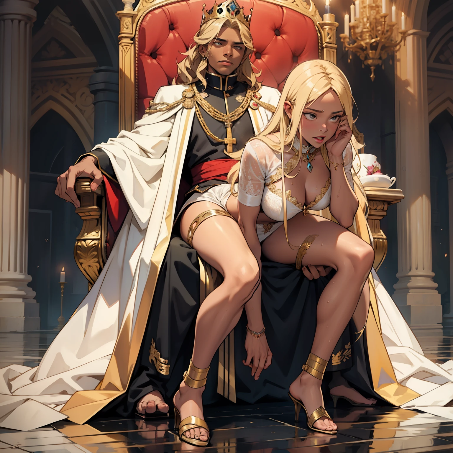 Woman kneeling to the young dark skin Prince,In front of the throne,Turn your back on me,Your butt is facing you,The face faces the dick woman, suck, sex, king fucking woman, woman SucK tongue, Blonde Woman,Sweating,Luxuriously dressed king sits on a throne,Woman in thin cloth clothes,Woman in sexy underwear,Woman with frightened expression,Puddle at the feet of a woman
