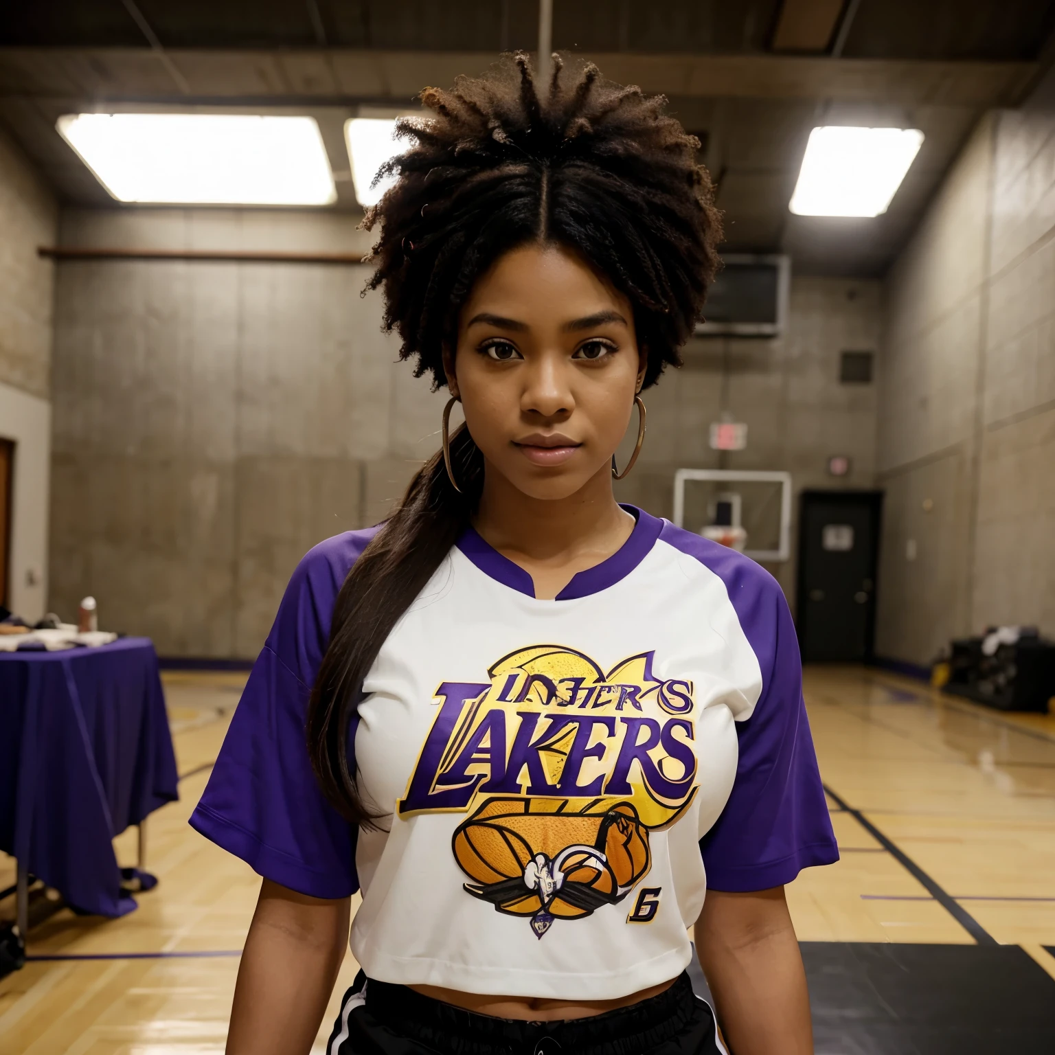 Girl, Brown, afro, black curly hair, 7.1 ft, 20 years old, athletic body, yellow Los Angeles Lakers uniform and shorts,