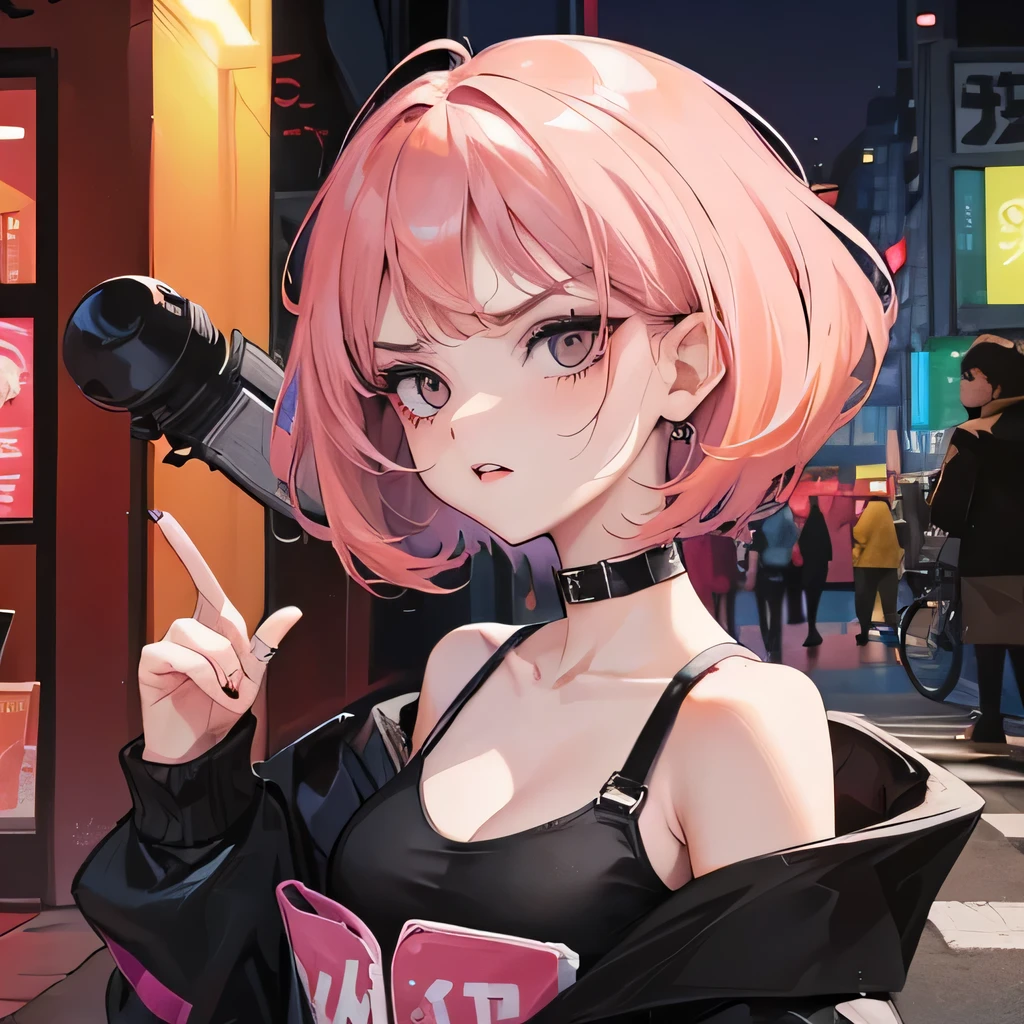 Hot girl, baddie, off shoulder, staring, glaring, shin raised up high, bad attitude, mean girl, dare, pastel pink hair, dark black eyes