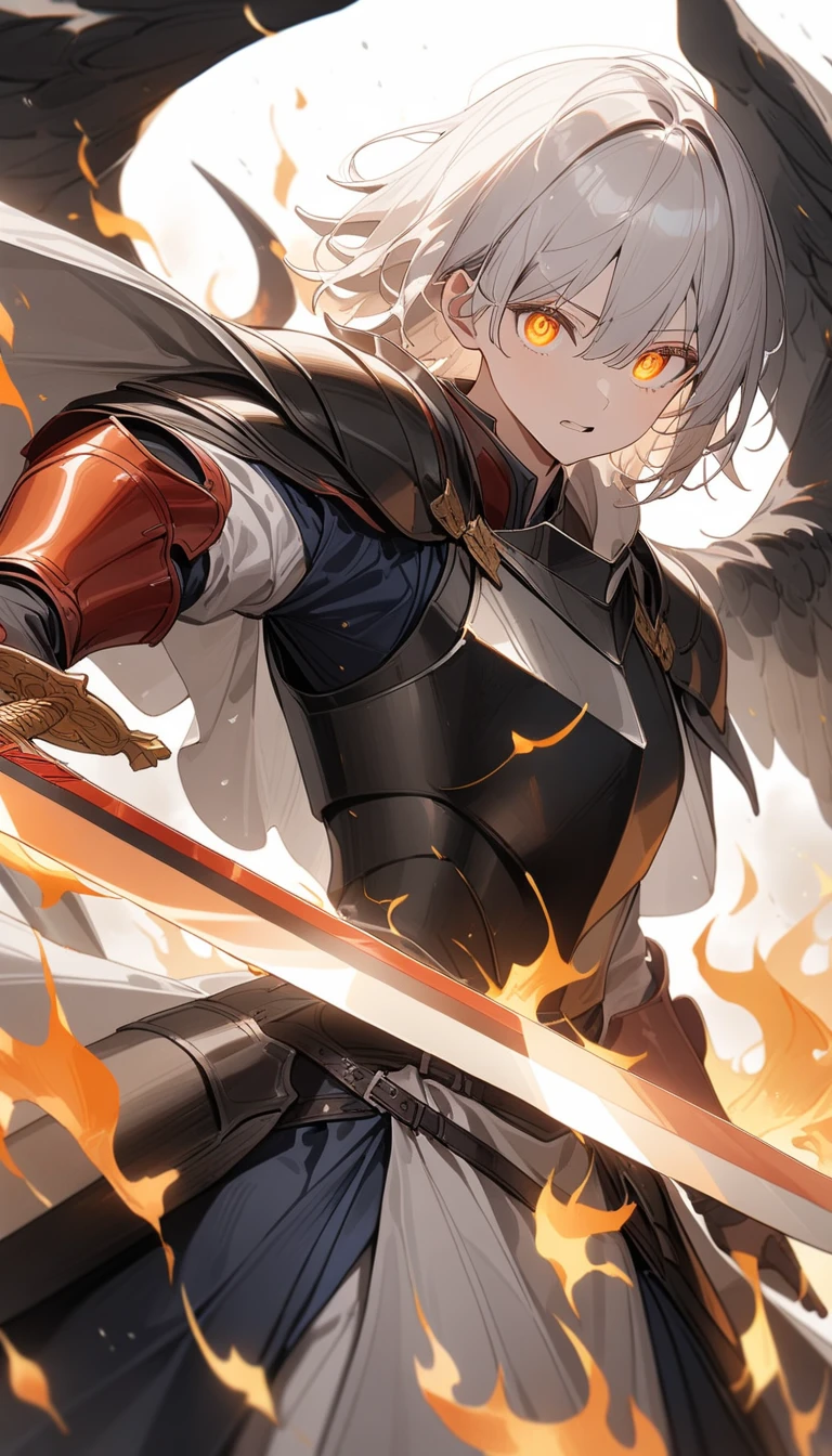 ((super detailed illustrations, 8K, masterpiece :1.2, sharp focus :1.2, Depth of the bounds written:1.2)), , BREAK,(Shining eyes、detailed美しい顔)、beautiful anime、(Two beautiful swordsmen:1.4), (Two swordsmen having a sword duel:1.6)、disorganized, 非常にdetailed顔と肌の質感, silver hair, jet black armor, Flame Armor, cloak wrapped in flames, sword wrapped in flames,, BREAK,wings of flame, Determination to overcome sadness, Traces of determination in gentle eyes , strong soul、, BREAK,(highest quality、masterpiece、High resolution、detailed), BREAK,dynamic angle