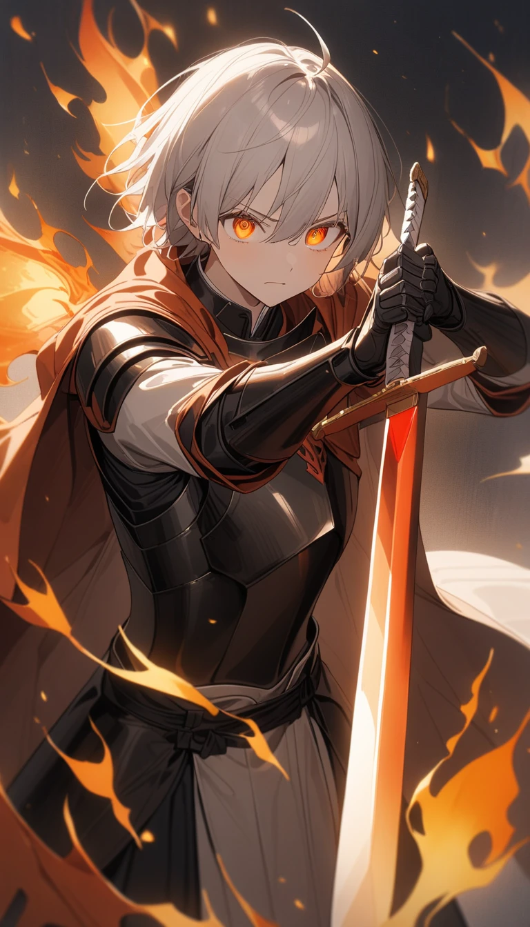 ((super detailed illustrations, 8K, masterpiece :1.2, sharp focus :1.2, Depth of the bounds written:1.2)), , BREAK,(Shining eyes、detailed美しい顔)、beautiful anime、(Two beautiful swordsmen:1.4), (Two swordsmen having a sword duel:1.6)、disorganized, 非常にdetailed顔と肌の質感, silver hair, jet black armor, Flame Armor, cloak wrapped in flames, sword wrapped in flames,, BREAK,wings of flame, Determination to overcome sadness, Traces of determination in gentle eyes , strong soul、, BREAK,(highest quality、masterpiece、High resolution、detailed), BREAK,dynamic angle