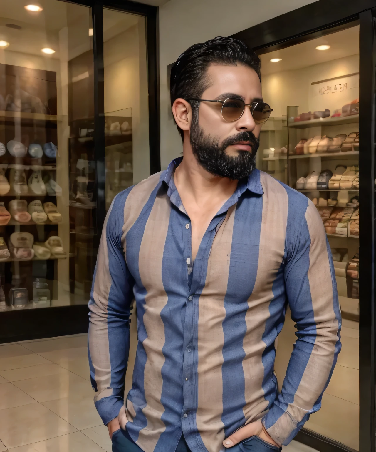 Parte superior del cuerpo, 38 year old man with beard and sunglasses. Hombre vistiendo ropa formal con camisa de cuadros, in a shopping center in Mexico.