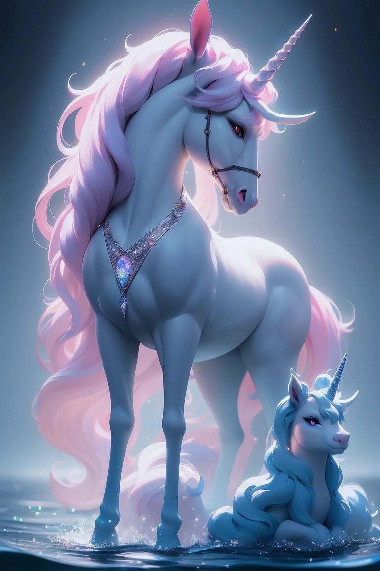 {-erro_de_anatomia:1.0} There is a black unicorn girl, blond mane and long mane, black unicorn, unicorn, unicorn horns, A unicorn, celestia, Nine stories, black unicorn, soft dreamy, cinematic light《fangs》Unicorn in, mythological creatures, a mythical creature, Pokémon illustration, unicorns, a glaceon princess, white dress, opal eyes. Auroracore, ghostly iridescent, image good for rendering, sitting on the water. unicorn girl, full body, holding a crystal unicorn,