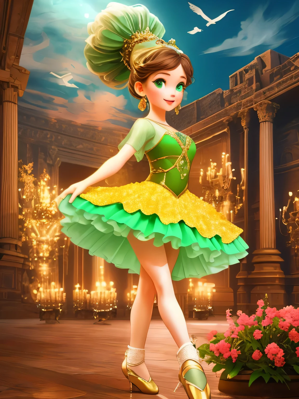 "Generate a high-quality 4K image of a young girl with green eyes dressed in a ballet costume dancing gracefully in an ancient setting. The sky above her should form clouds spelling out the name 'SARAH' in English