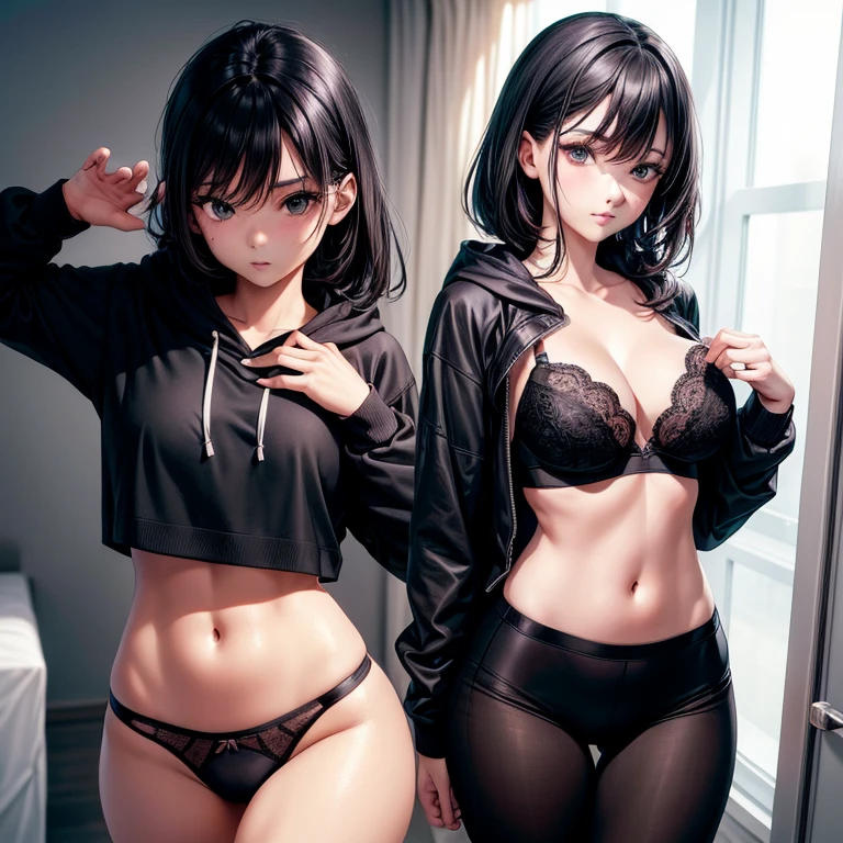 (best quality, highres:1.2), 1 girl, Anime woman in her twenties, perfect face, masterpiece, wearing a bra, black underwear, hoodie, black leggings,
A captivating portrait of a 20-year-old Anime woman with a flawless face, an exquisite work of art. The image showcases her enchanting figure, adorned in an elegant bra and alluring black underwear. She is casually dressed in a hoodie and comfortable black leggings, striking a pose that exudes confidence and grace. The photograph, capturing every detail with utmost precision, is rendered in stunning black and white tones, em