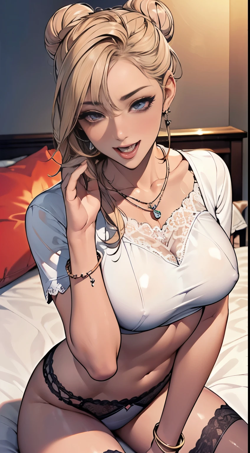(High resolution:1.5),(Super realistic:1.5),(skin texture:1.5),(dark skin:1.98),(Naughty blonde gal seduces by straddling a pillow:1.5),(A lewd shirt that exposes her breasts:1.35)、See here,(ecstatic expression:1.8),beautiful breasts、constricted waist,Beautiful contourakeup:1.3)、(pink cheek:1.15),(eyeliner、eye shadow,(false eyelashes)、(Beautiful color lips:1.25),(glossy hair quality:1.6),(bun hairstyle:1.15),、Sexy frilly lace panties、necklace around neck、Bracelet on wrist、(earrings:1.05),
