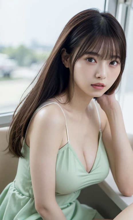 masterpiece、highest quality、16K、ultra high resolution、UHD,Depth of the bounds written、very detailed、soft light、professional lighting、Pale shading、Weak contrast、Japanese、beautiful girl、Glamorous woman、Smooth, silky skin、clear white skin、daytime office、Window seat、sitting in front of the computer、A pale mint green camisole dress that hugs the breasts、(smooth and beautiful thighs:1.6)、(big breasts:1.6)、deep cleavage、saggy breasts、small areola、small nipples、beautiful nipples、Cherry-colored nipples、white breast、fine and beautiful eyes、(hanging eyes)、(thin eyebrows:1.8)、(thin lips:1.8)、natural makeup、natural color lip、gentle smile、(long wavy hair、high ponytail),(The bangs are see-through bangs)、