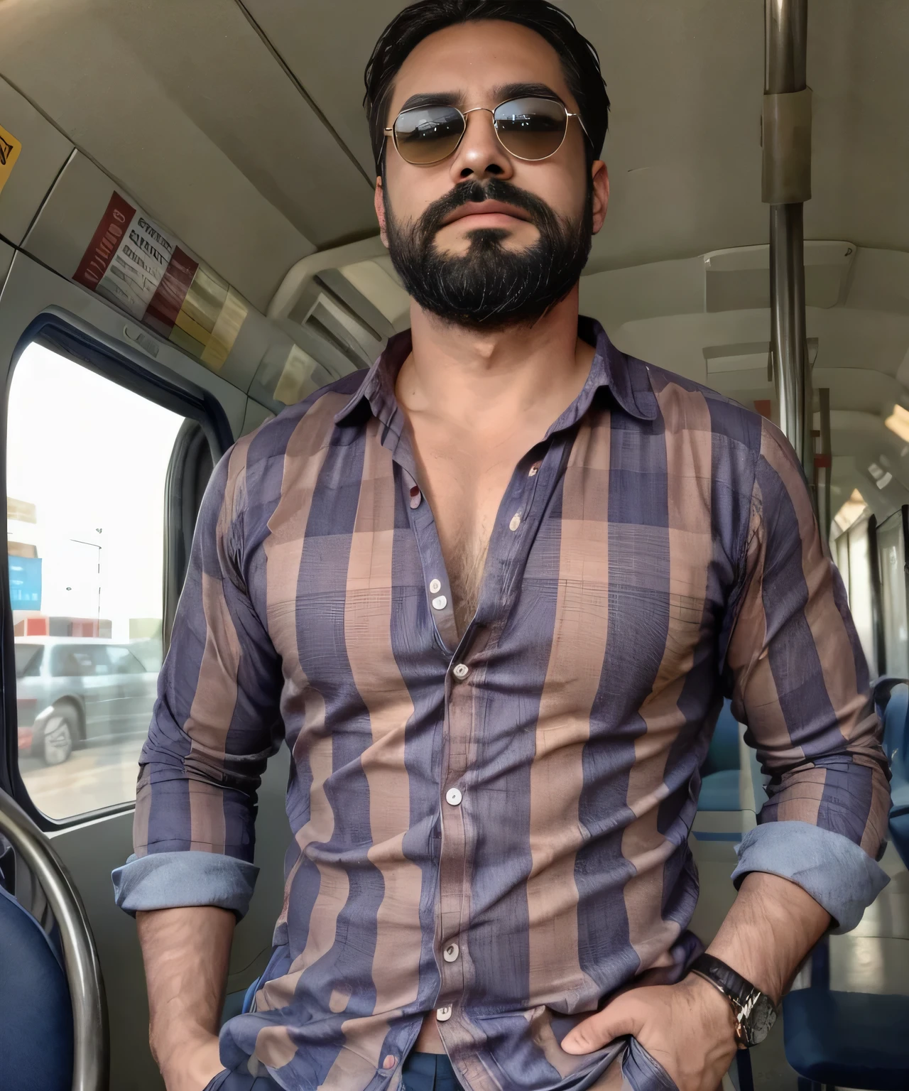 Parte superior del cuerpo, 38 year old man with beard and sunglasses. Hombre vistiendo ropa formal con camisa de cuadros, on public transport.