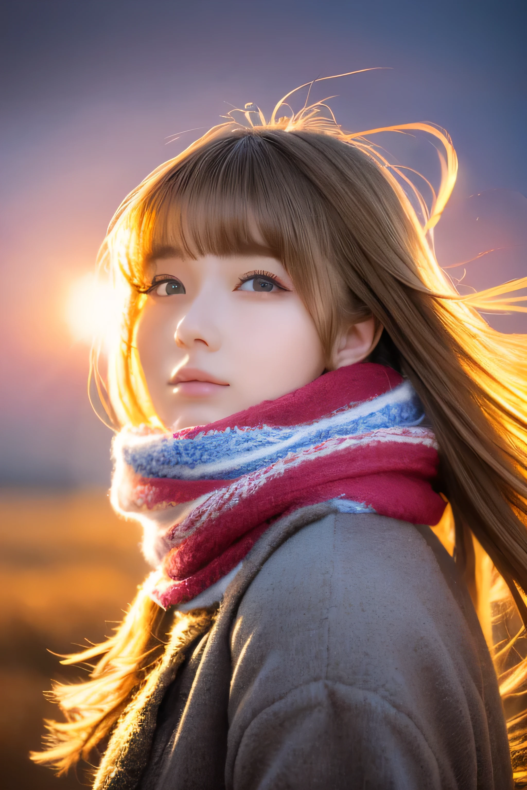 ((hair blowing in the wind、No makeup:1.2))、(realistic、Photoreal、super detailed、best detailed skins、highest quality、masterpiece、超A high resolution)、cute russian woman、、high school girl、young girl、1 girl、have bangs、ash blonde:1.7、double eyelid、drooling eyes、Japanese style face、purity、realistic skin type、fluffy hair、((There's hair in the scarf:1.3))、red cheeks、The wind is blowing、night、illumination、lighting from behind、hair blowing in the wind