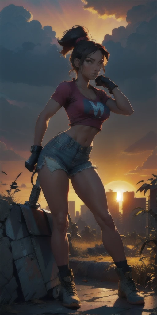 The Urban Ruins of the Wasteland, Female huntress picking fruit in the garden, torn shirt and denim shorts , sweating through, sun rising, Nice warm colors, The best volumetric lighting, Hyper Contrast, Ultra Hyper High Quality Textures