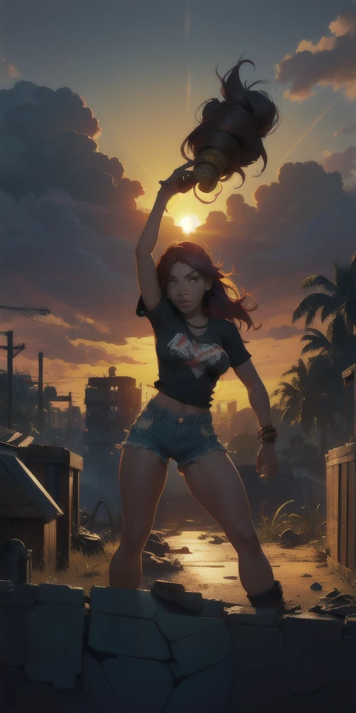 The Urban Ruins of the Wasteland, Female huntress picking fruit in the garden, torn shirt and denim shorts , sweating through, sun rising, Nice warm colors, The best volumetric lighting, Hyper Contrast, Ultra Hyper High Quality Textures