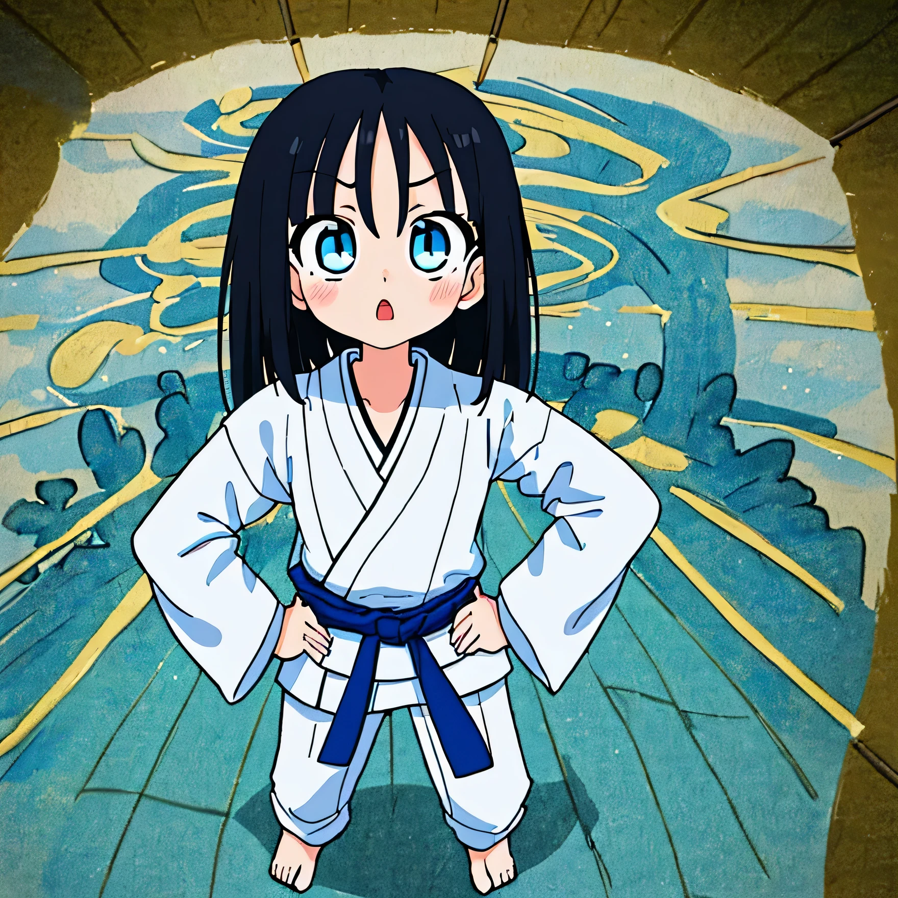 (masterpiece),highest quality, expressive eyes, perfect face, girl1people put your hands on your hips, nice,japanese manga, Blue-black hair, Judo, karate,put your hand on your waist,flat chest,hall々I am doing, Perspective from above