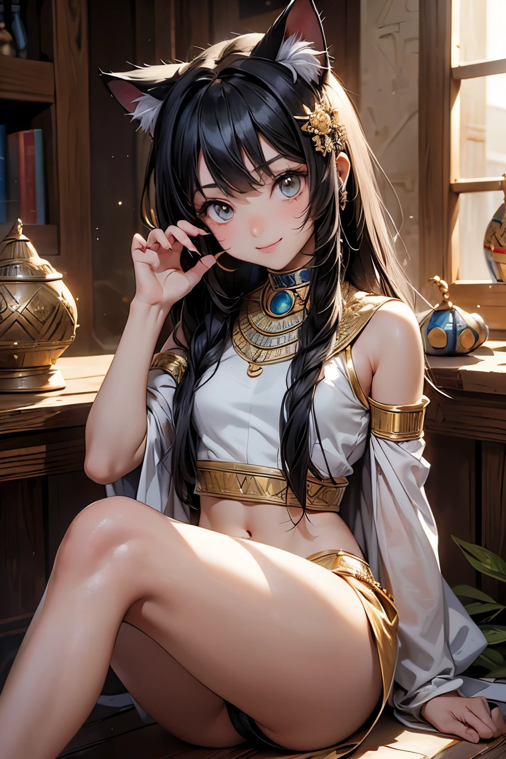 ((Masterpiece)), (Anime:1.3), ((best quality)), (RAW photo:1.2), (High Definition:1.3), (Professional Photography:1.2), (), Very pretty Egyptian girl, smiling, cute eyes, (put on cat ears), cool pose, crystal Ornaments, light particles, Egyptian fortune teller's house, dark skin, worried girl, cute world, really happy, ancient ruined overgrown,