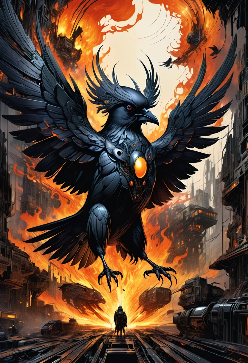 A masterful artistic digital rendering of a sinister cybernetic crow made from sparks and fire by Simon Prades, h.r giger, russ mills, Shaun Ryken, celestial, UHD, 8k resolution, fantasy editorial art, complex and hyperdetailed, beautiful composition, a modern surrealistic masterpiece by Dan Mumford