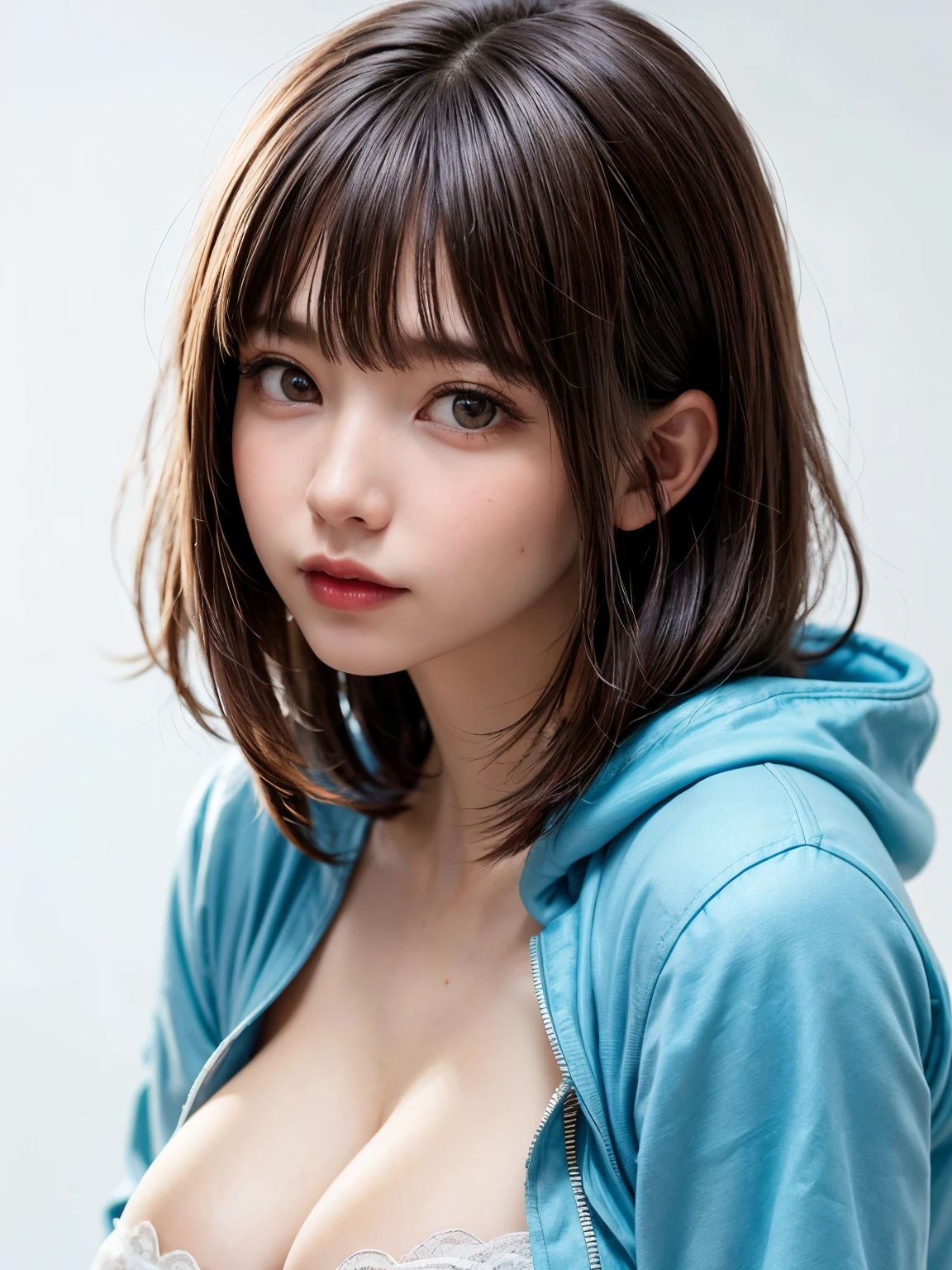 1 girl, alone, alone focus, cowboy shot, portrait, 28 years old、oversized hoodie, aqua green and white hoodie, half aqua, half green, ((black hair)), (yellow hair), (gradient hair :1.5),short bob hair:1.4、 curly hair, ((bright pink eyes)), highly detailed eyes, tan, (White skin:1.1), highest quality, Super detailed, white background, simple background、{gigantic|big|huge|mega} breasts, cleavage