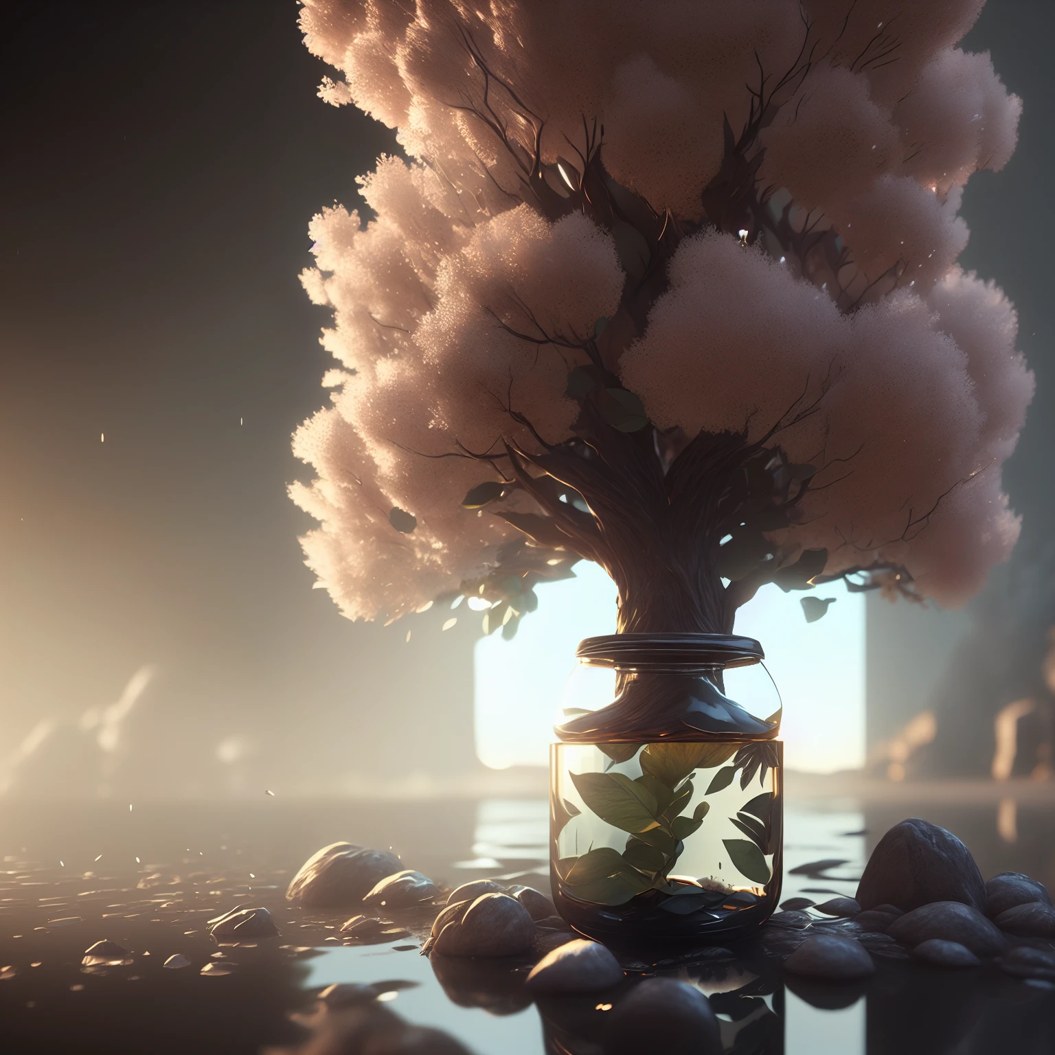 dreamlikeart tree in a bottle, fluffy, realistic, photo, canon, dreamlike, art, colorfull leaves and branches with flowers on top of its head. hyperdetailed photorealism by greg rutkowski - h 1024 w 804 | f 1 6 lens mark 2:2 s 3555 mm film grain :1 lifelike high res sharp focus contrast!! intricate detailed atmospheric light refraction lighting unreal engine 5 cinematic concept photography masterpiece octane render trending at cgsociety rendered as