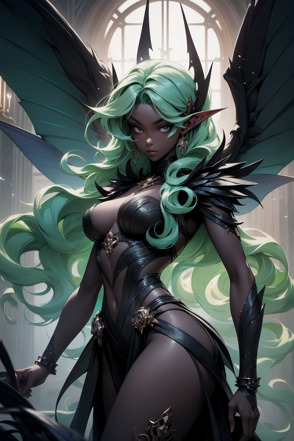 (Absurd, high quality, ultra -compared, careful with the hand) fairy, fairy wings, dreamer body, vivid, romantic and all. Optimistic face, just lies, without entry and intellectual. Reckless style, cold heart, impatient and too confident. Gray eyes, ripe and dark (eyes of the eyes), enchanted fairy (pixie) . medium curly hair, green hair. In the carnival row illustration, flying, dancing lithgly, Whole body, black skin (black skin)